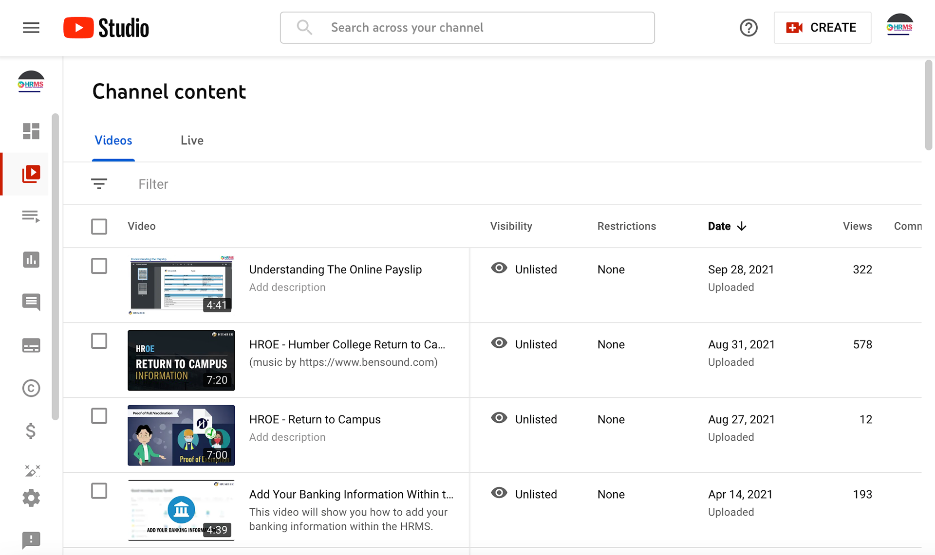 Screenshot of HRMS Change Management Youtube Stats