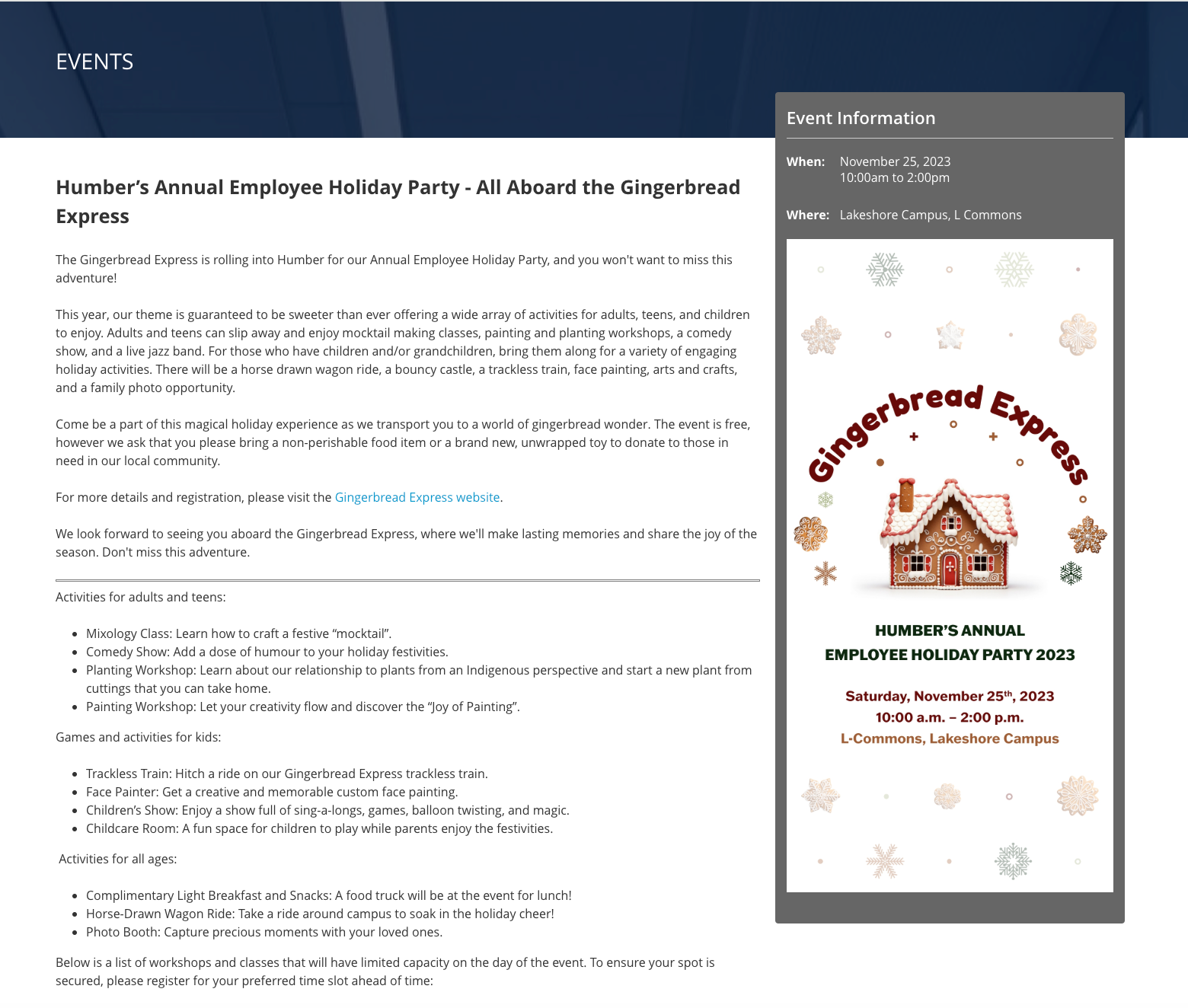 Screenshot of the Gingerbread Express Digital Graphic on the College's Employee Communication Channel
