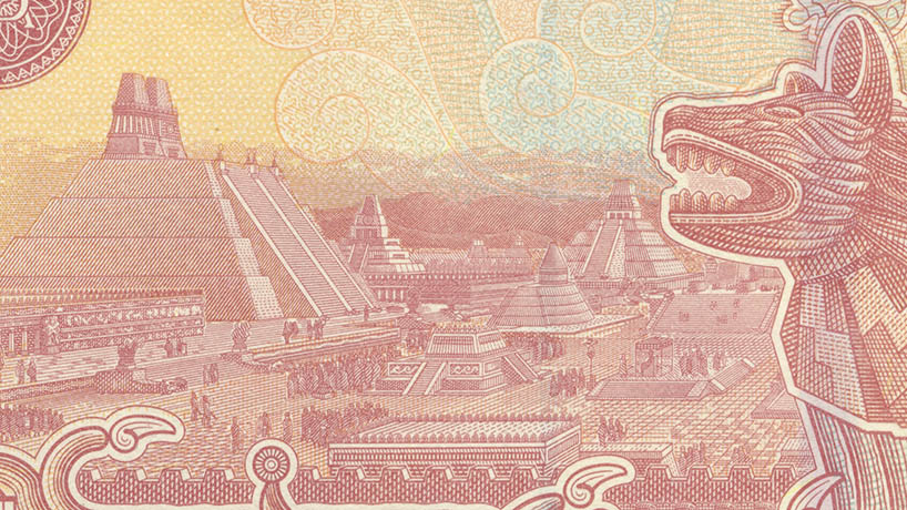 An engraving of Tenochtitlan, the largest city in the pre-Columbian Americas, that is on Mexicos’s 100 peso banknote.