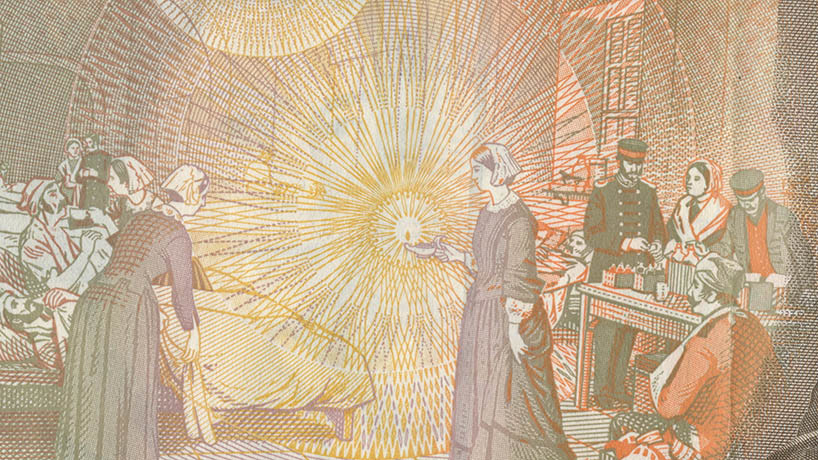 An engraving of Florence Nightingale holding a radiating lamp is on England’s 1975 10 pound note. Nightingale is known as the founder of modern nursing.