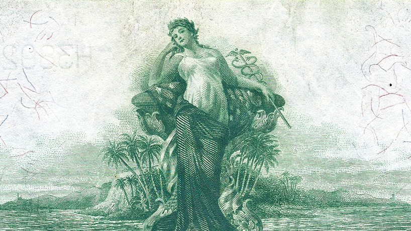 An engraving of the female figure of Panama on the 1914 Federal Reserve Note for 50 US dollars.