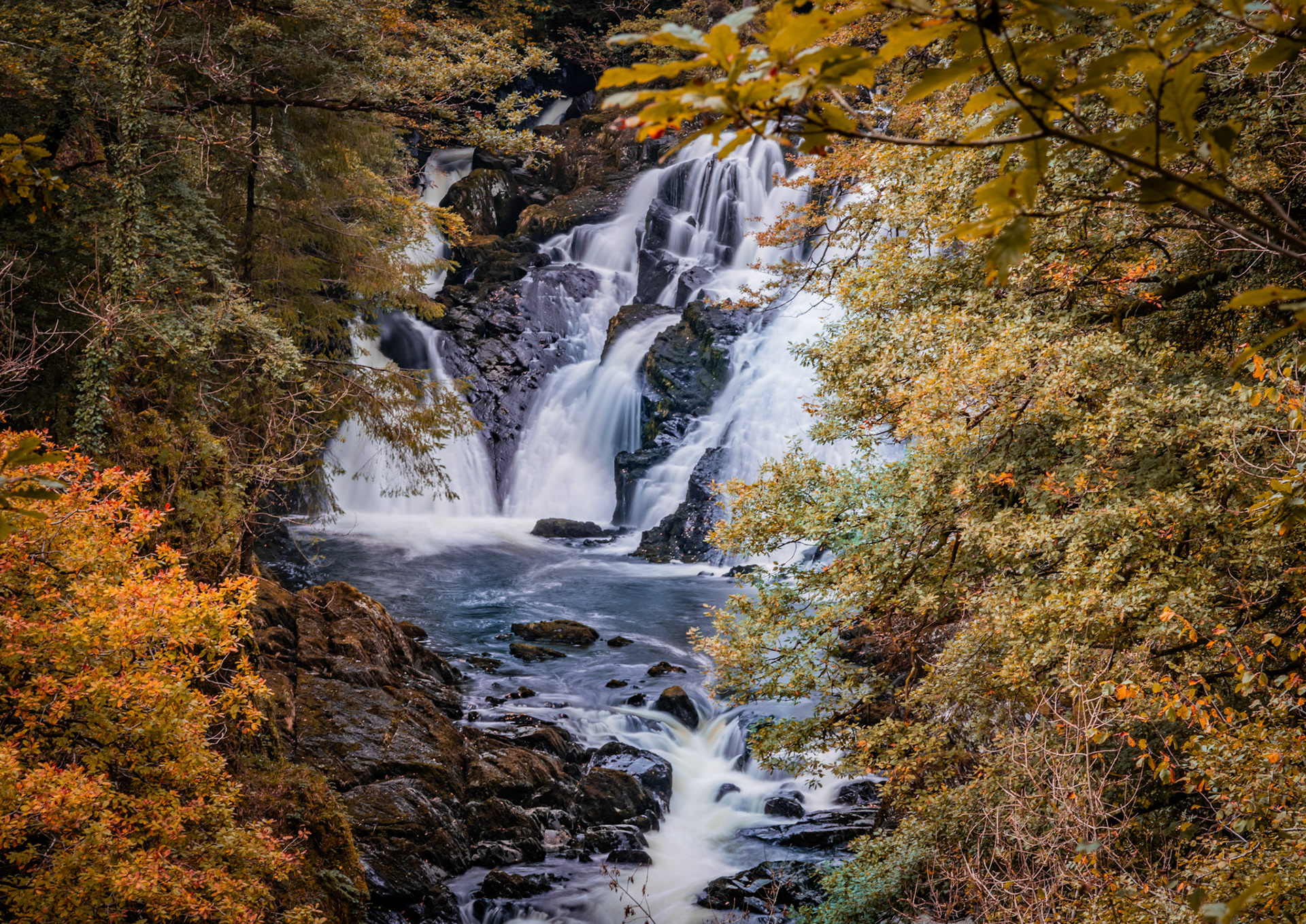 walking to Swallow Falls along the river and forest, North Wales