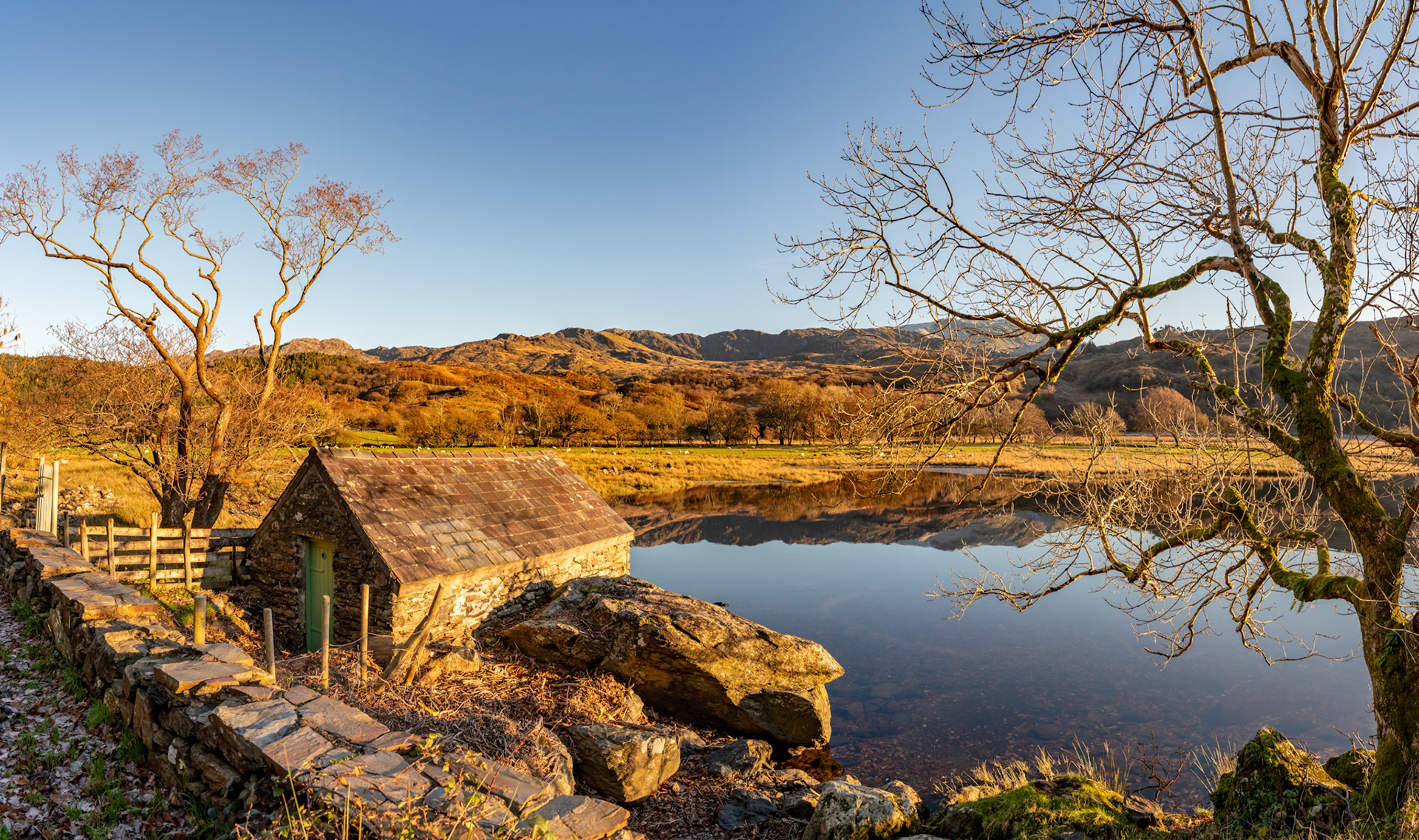 Reflection views around Snowdonia lakes in winter