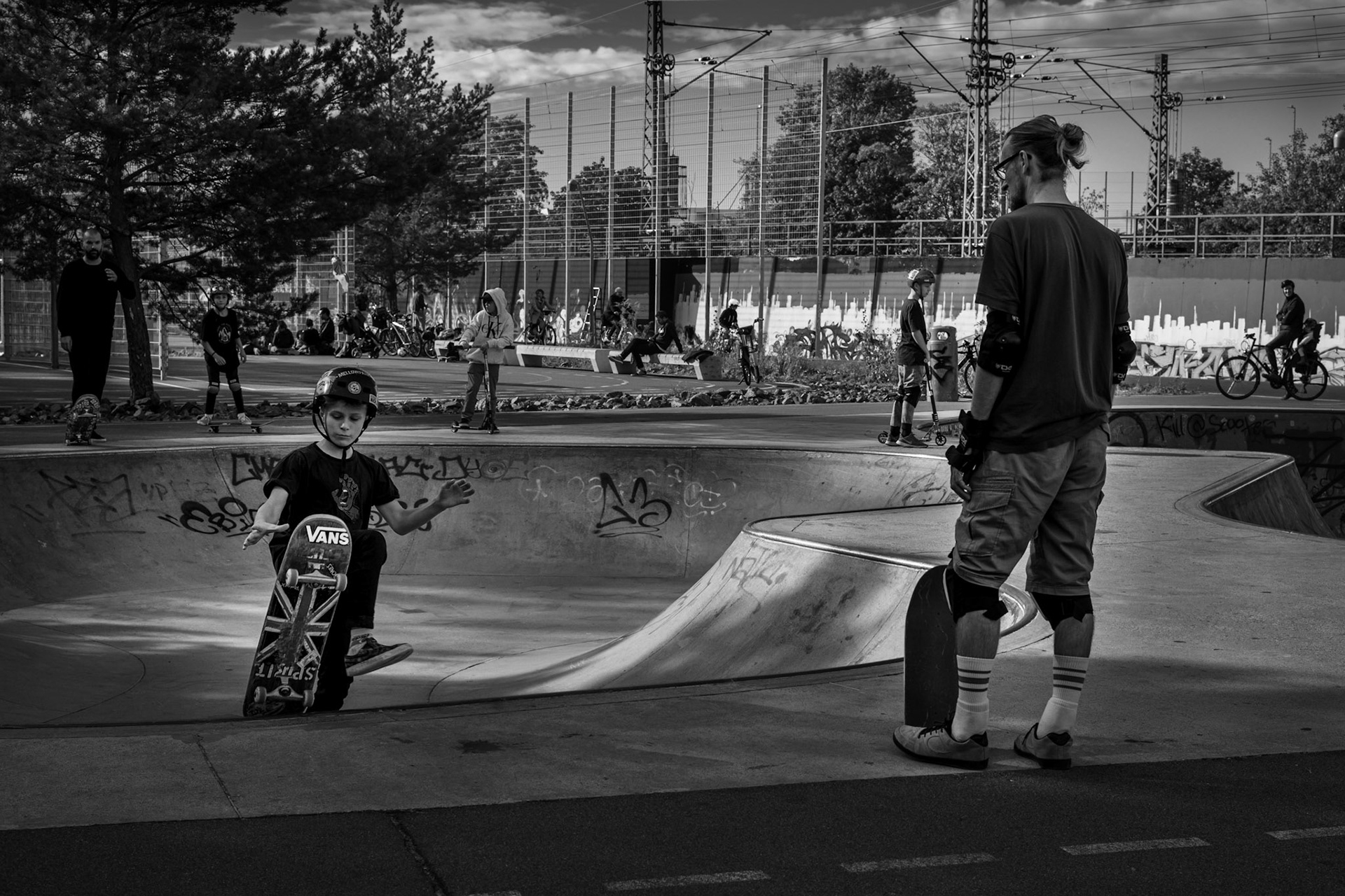 Skateboarders practicing in a skate park in Berlin, Germany