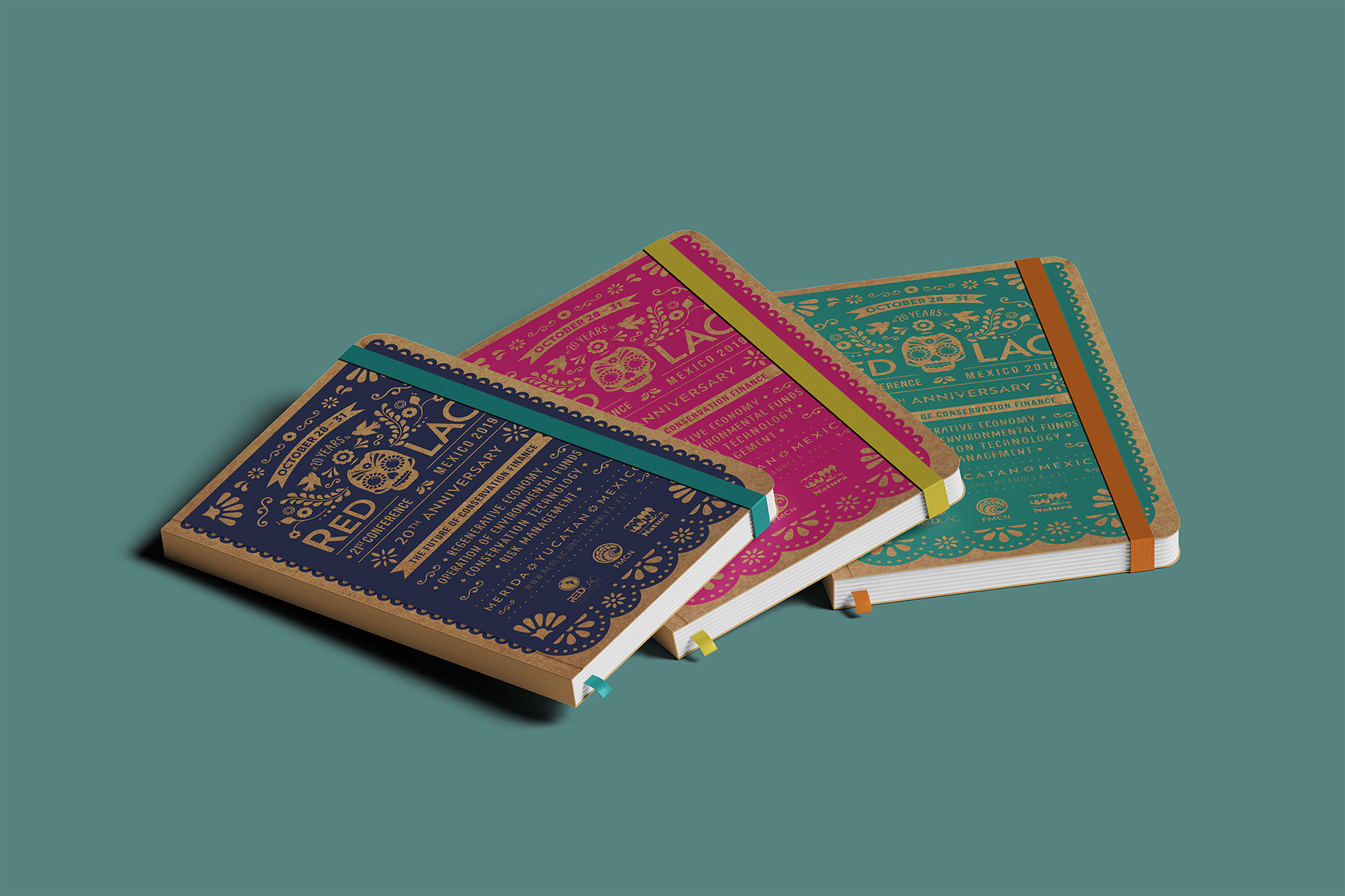 Branded notebooks for RedLAC's 21st Conference featuring Day of the Dead-inspired logo design