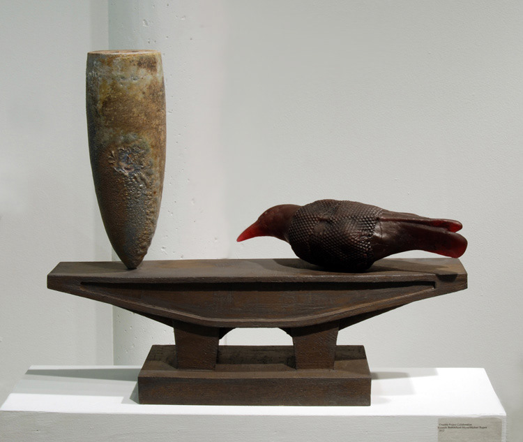 "Beaker and Bird", 2013, Kenneth Baskin, Scott Meyer, and Michael Rogers, Anagama, Stoneware-fired Clay and Glass