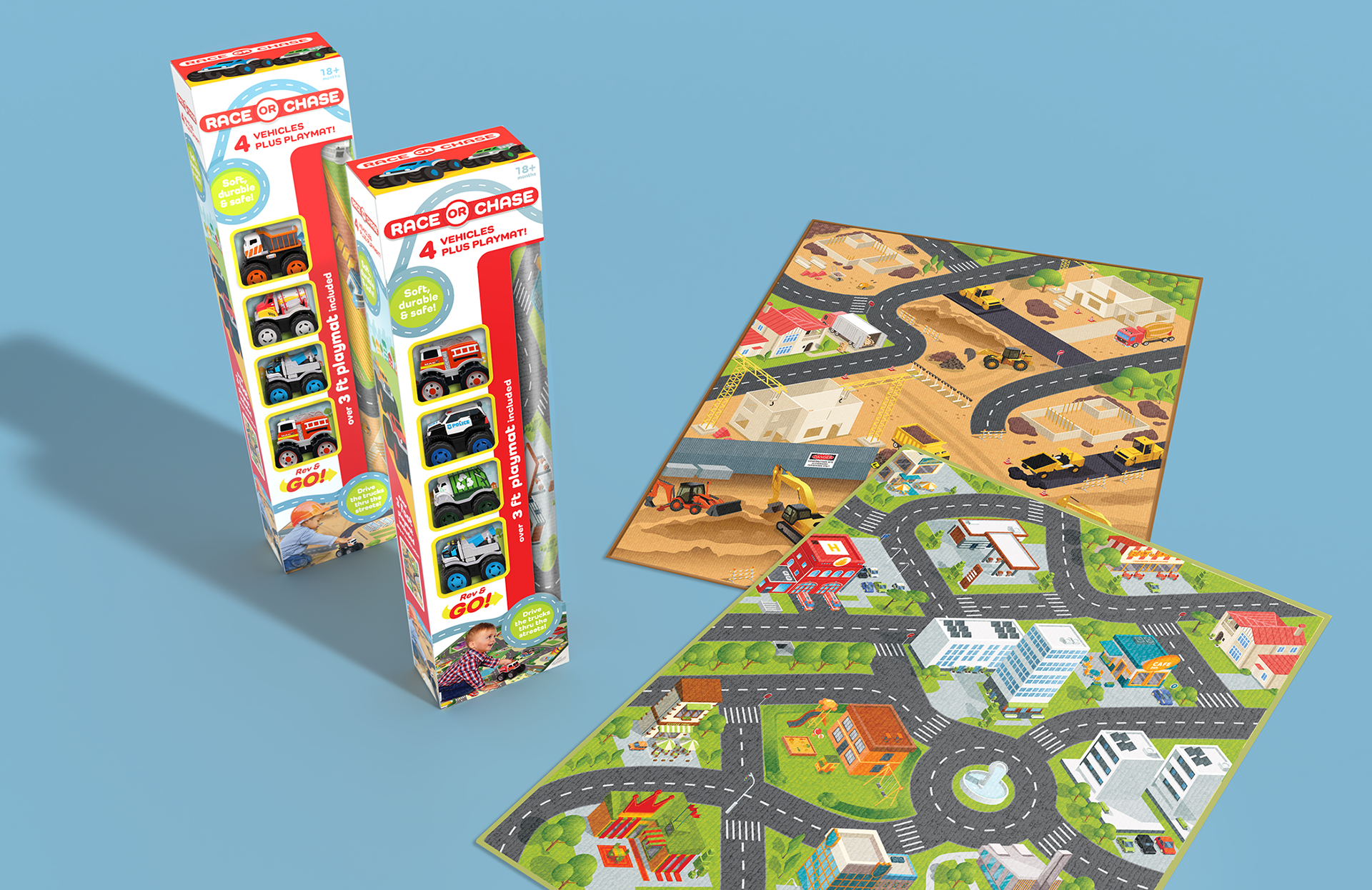 Race or Chase rendering of preschool vehicle set and playmats.