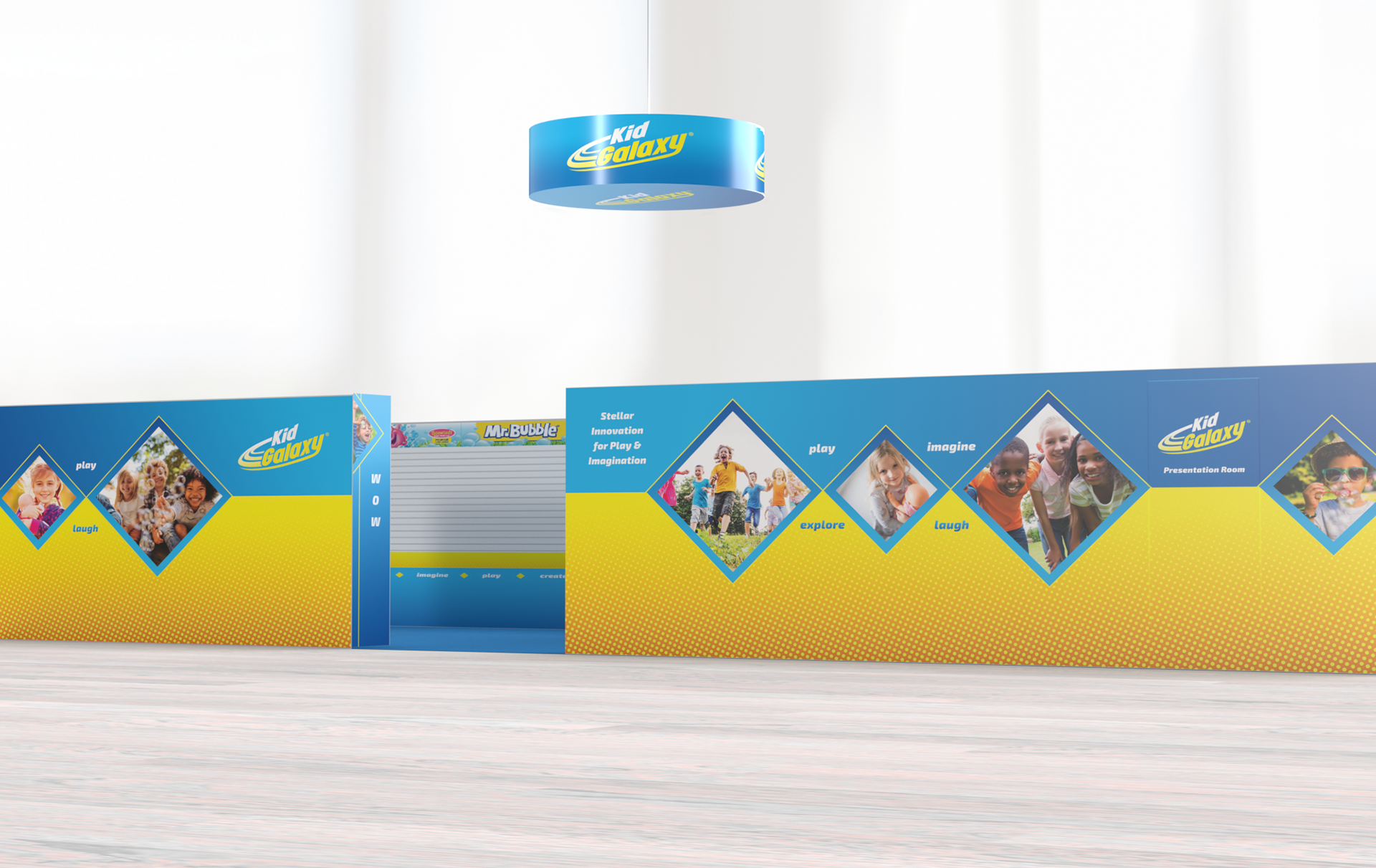 Tradeshow booth design concept and 3D rendering for a toy company.