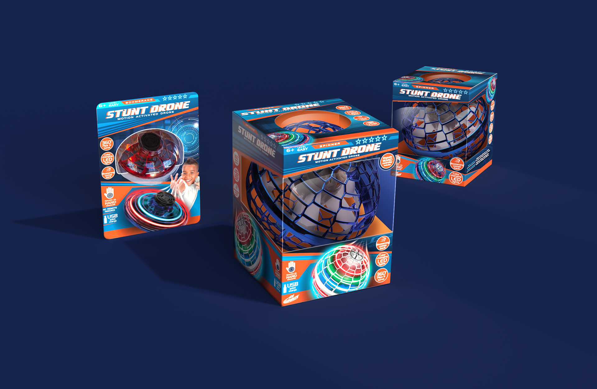 Stunt Drone product packaging, blisters and window boxes.