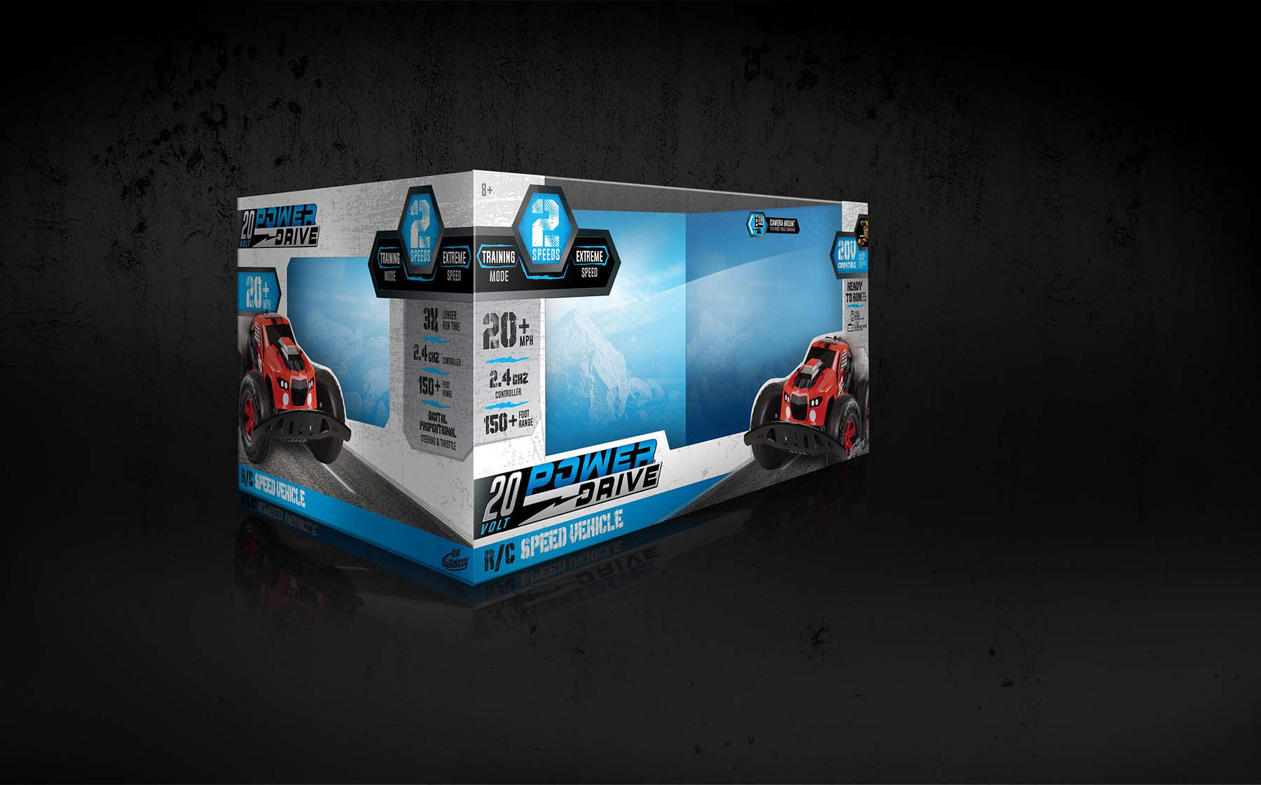 Brand packaging design for the R/C brand Power Drive.