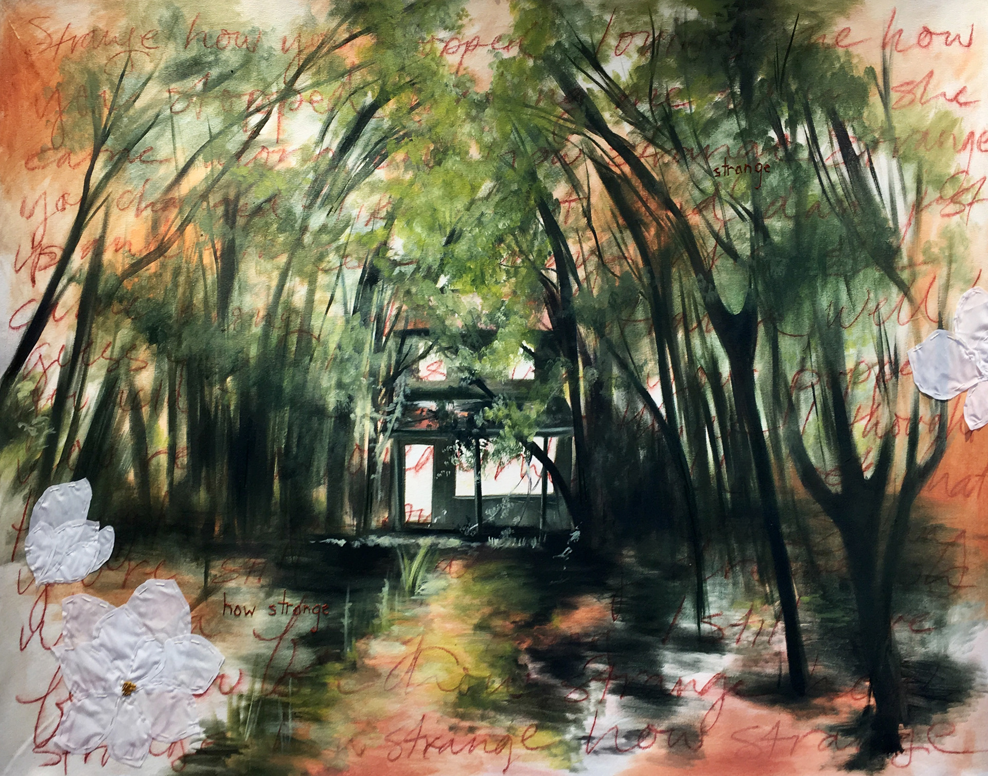 "Strange", 60 x 36 in., oil and embroidery on canvas.