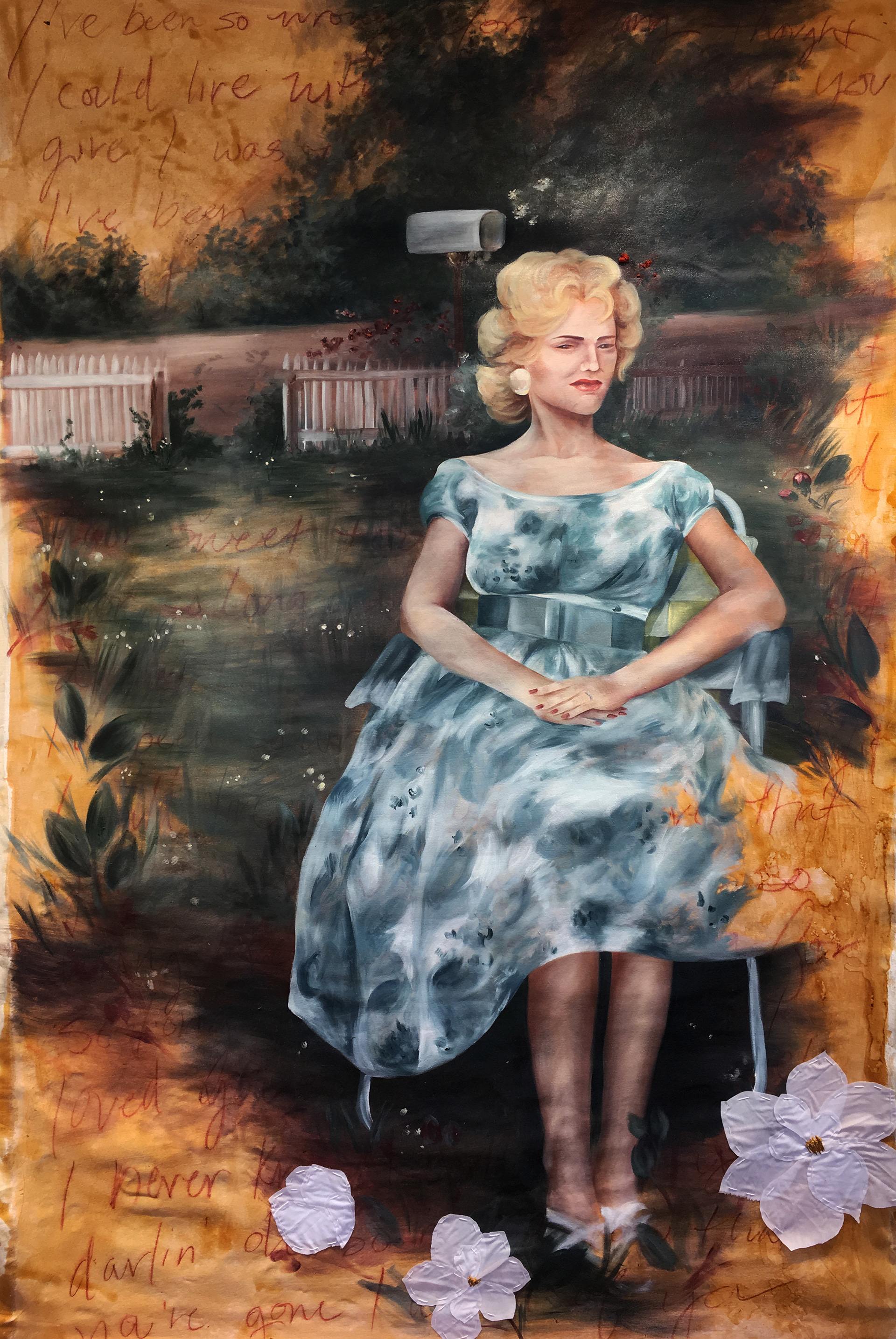 "So Wrong", 60 x 84 in., oil and embroidery on canvas.