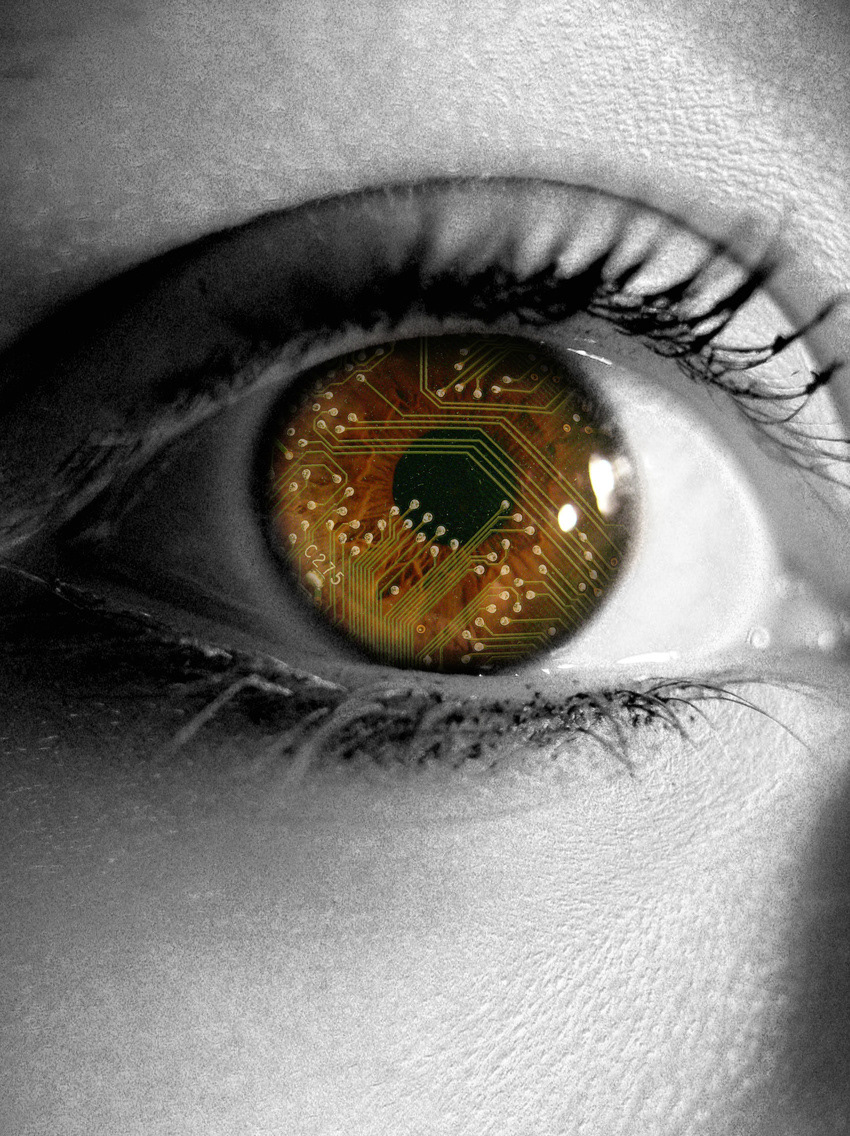 Illustration of computer circuit board integrated into a woman's eye