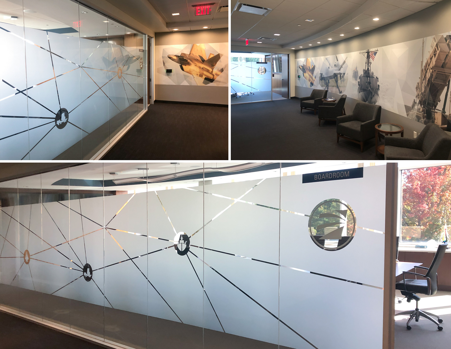 Custom-designed privacy films for glass-enclosed offices and conference rooms at Corporate HQ of leading provider of mission-critical technologies