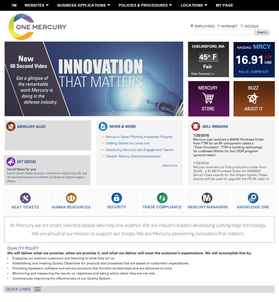 Corporate intranet UI design for leading provider of mission-critical technologies