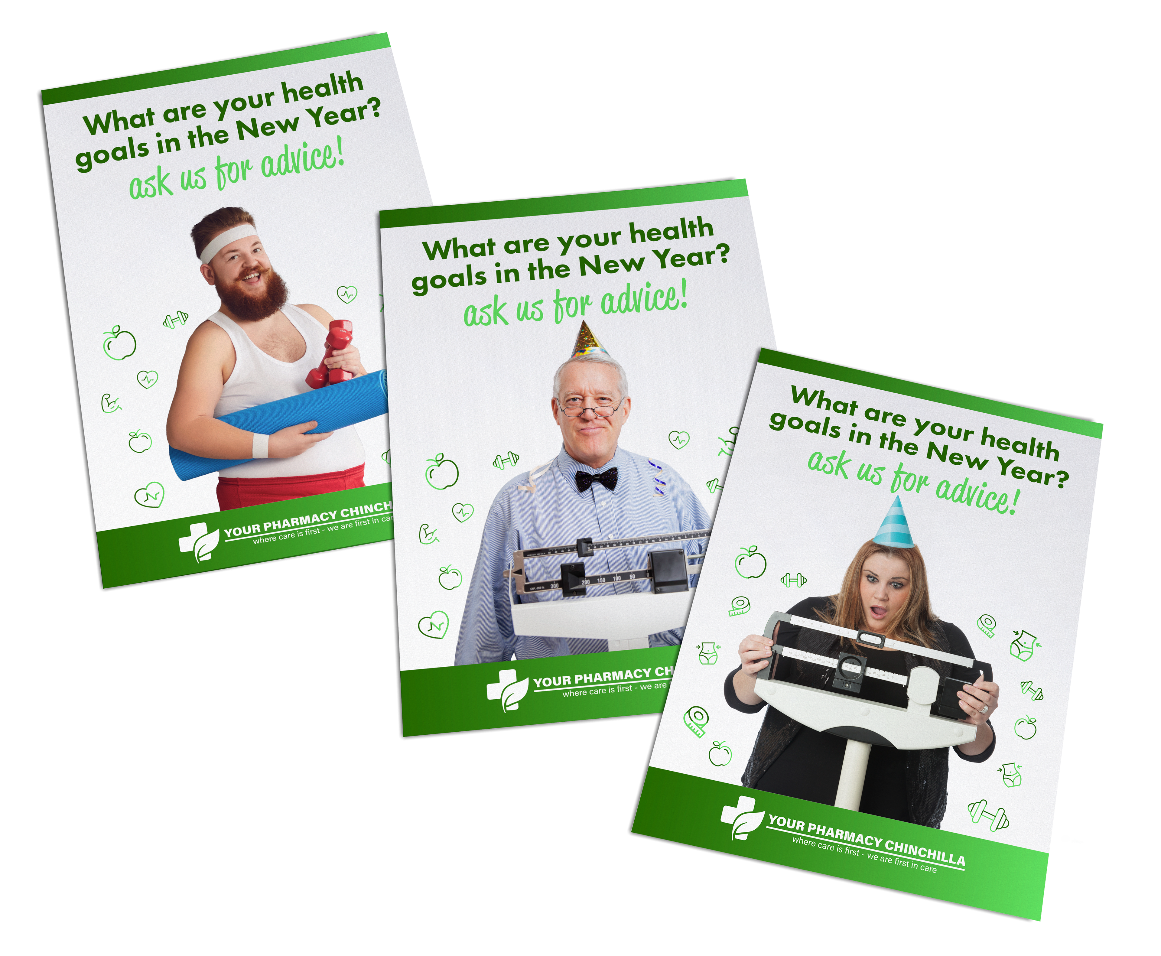 A3 Posters for display in store. Built to fit Your Pharmacies new branding and personality and to capitalize on New Year health goals of their customers. Adobe Photoshop, Illustrator & InDesign
