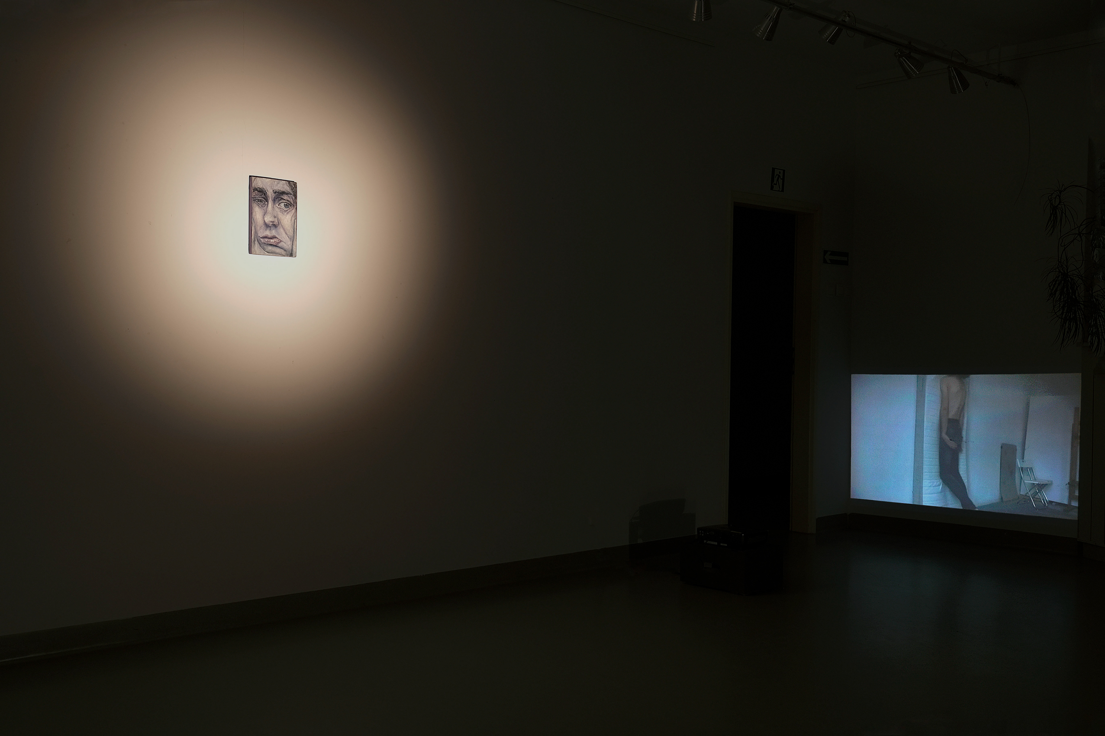 from the left: self-portrait in specific liht situation - people wachingg and walking by the exhibition room were making siluette shadows on the p painting and wall surface; wideo by Bartłomiej Puch (person walks into wall)