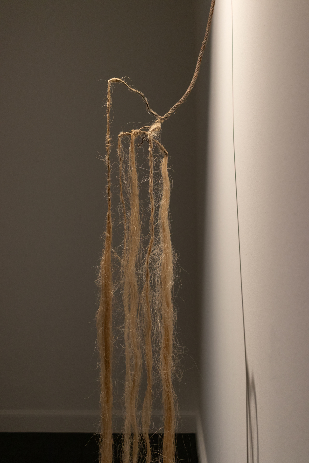 Continue - metal rope, flax 178x25x27cm, 2024