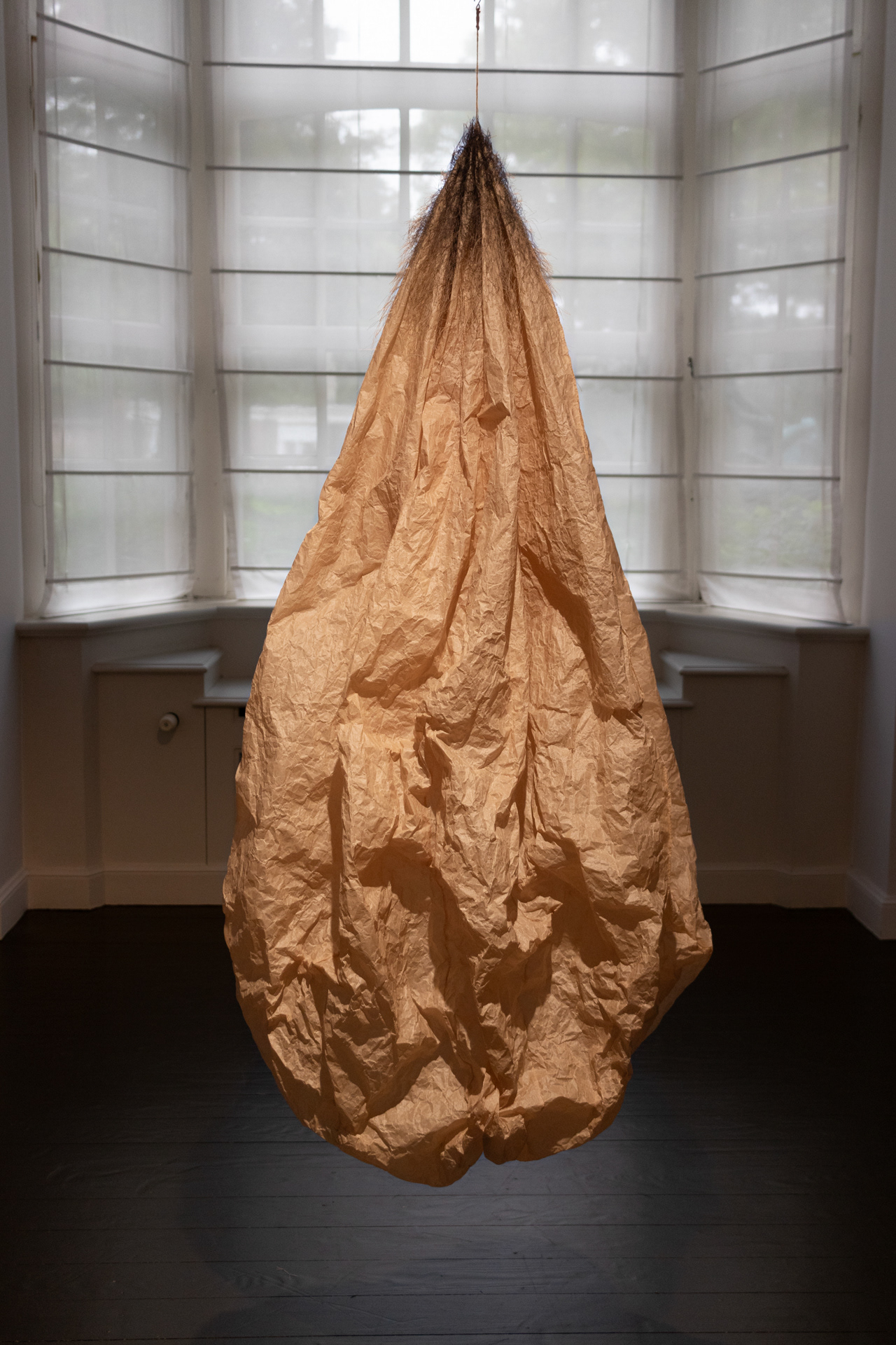 Untitled (from „Form beloved by life” - series) baking paper, threads approx.: 160x70x70cm, 2024