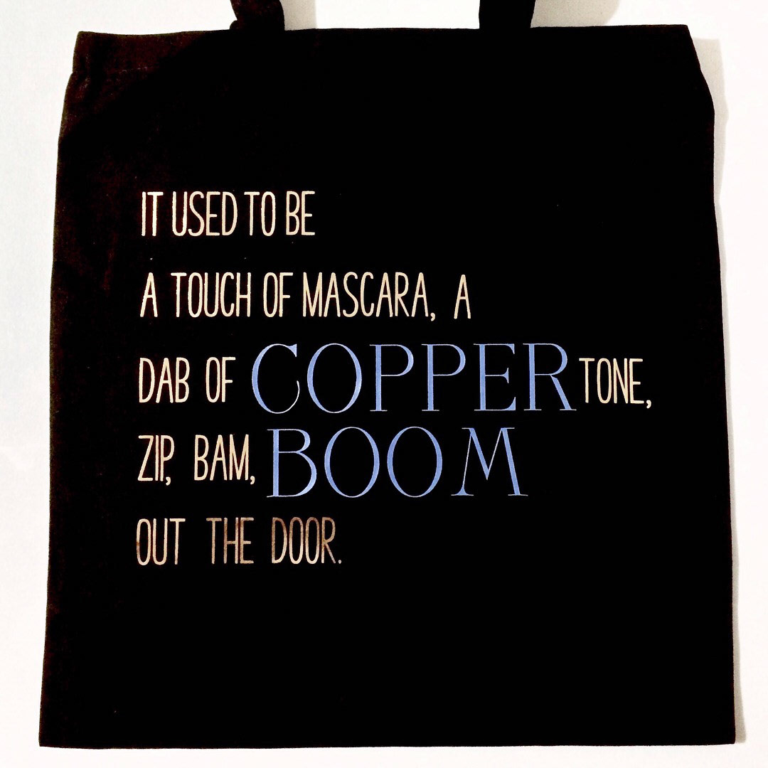 'COPPER BOOM' TOTE BAG - "It used to be a touch of mascara, a dab of coppertone, ZIP, BAM, BOOM, out the door." - Rory Gilmore, Gilmore Girls (Warner Bros.)