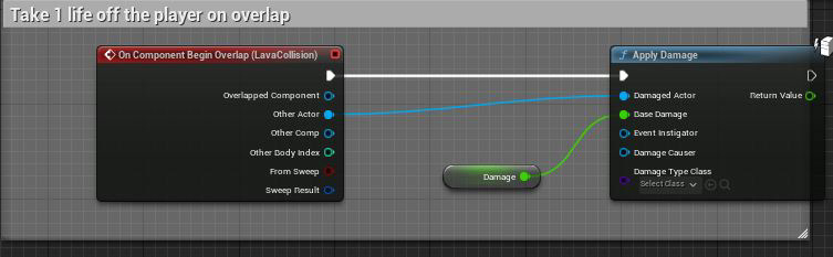 In the rising lava blueprint this applies the damage to the playercharacter actor which is the own damageable actor 
