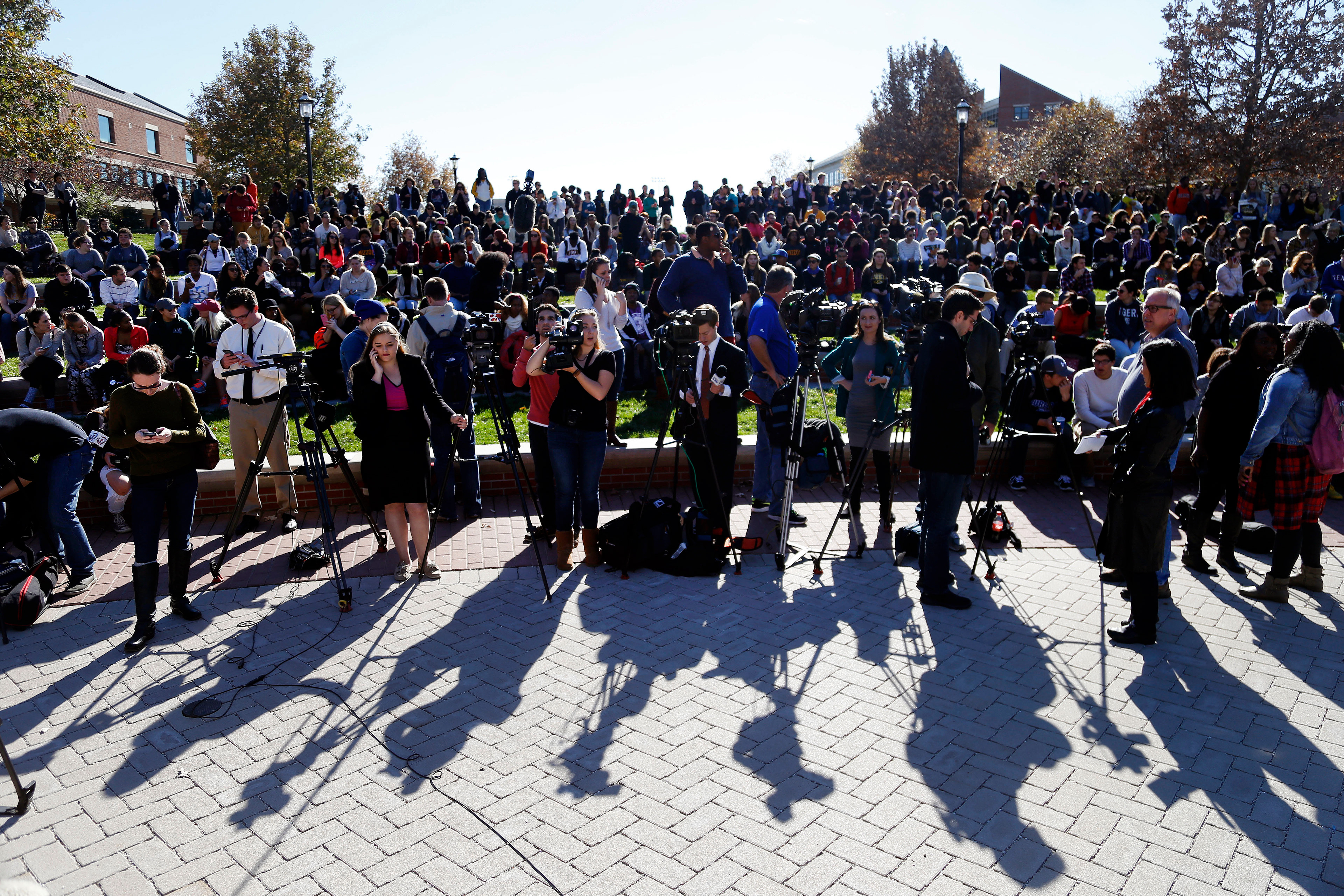 Student Conference 1950 holds a press conference after Tim Wolfe resigned from UM System President at Traditions Plaza on Monday, Nov. 9, 2015.
