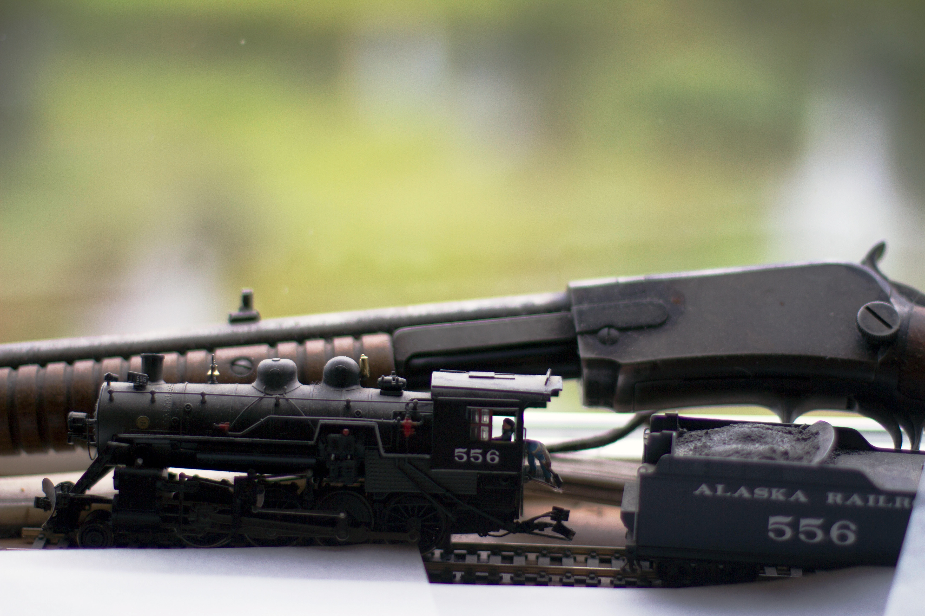 A model train and rifle sit in front of the window in Shannon Cartwright’s home. The train was a model she used to complete her book "Ol’ 556" and the rifle belonged to her father.