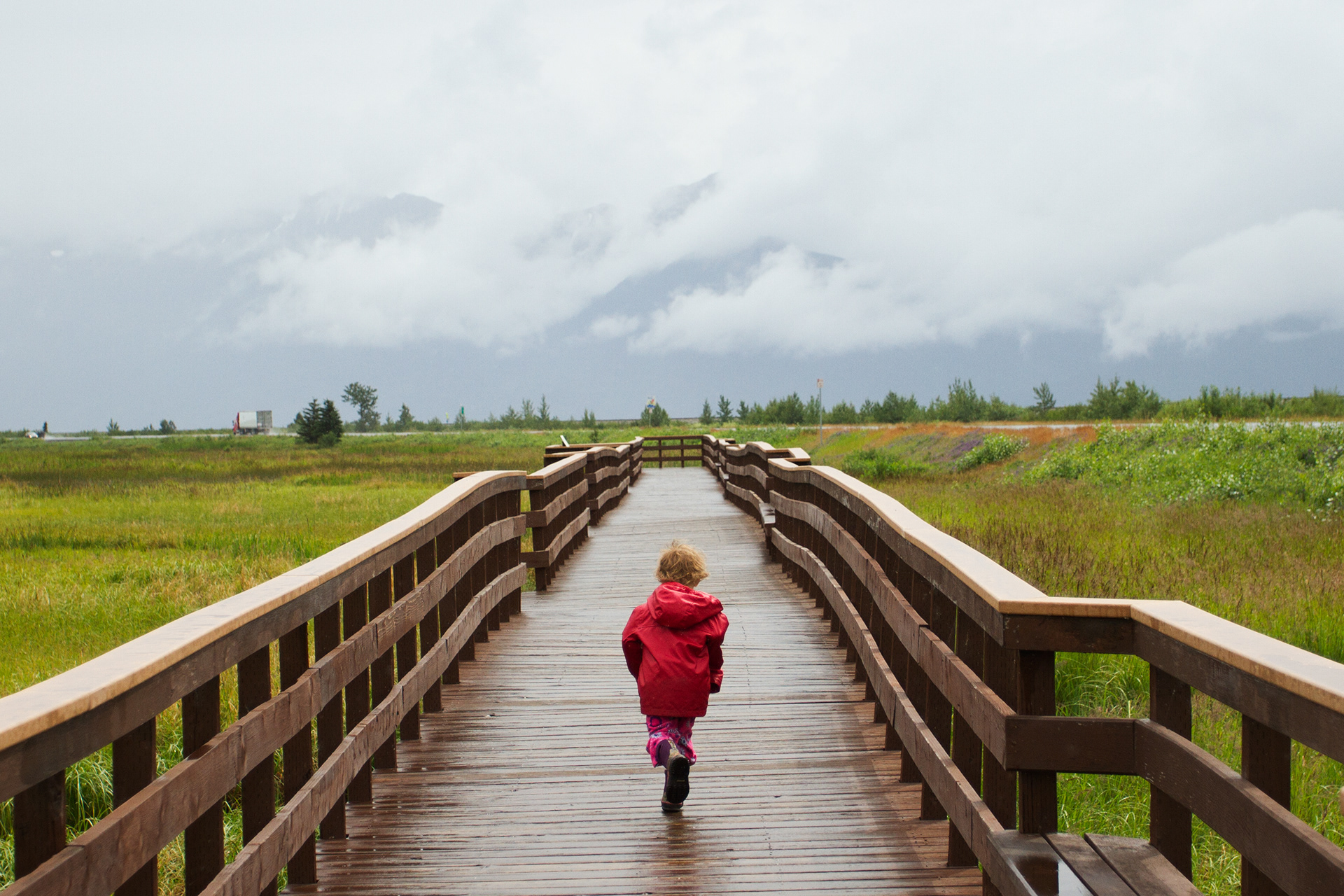 Paylen Rizer, 3, runs down the Potter Marsh Wildlife Viewing Boardwalk on Tuesday, July 5, 2016. Two of her siblings and grandmother trailed close behind on their rainy day outing.