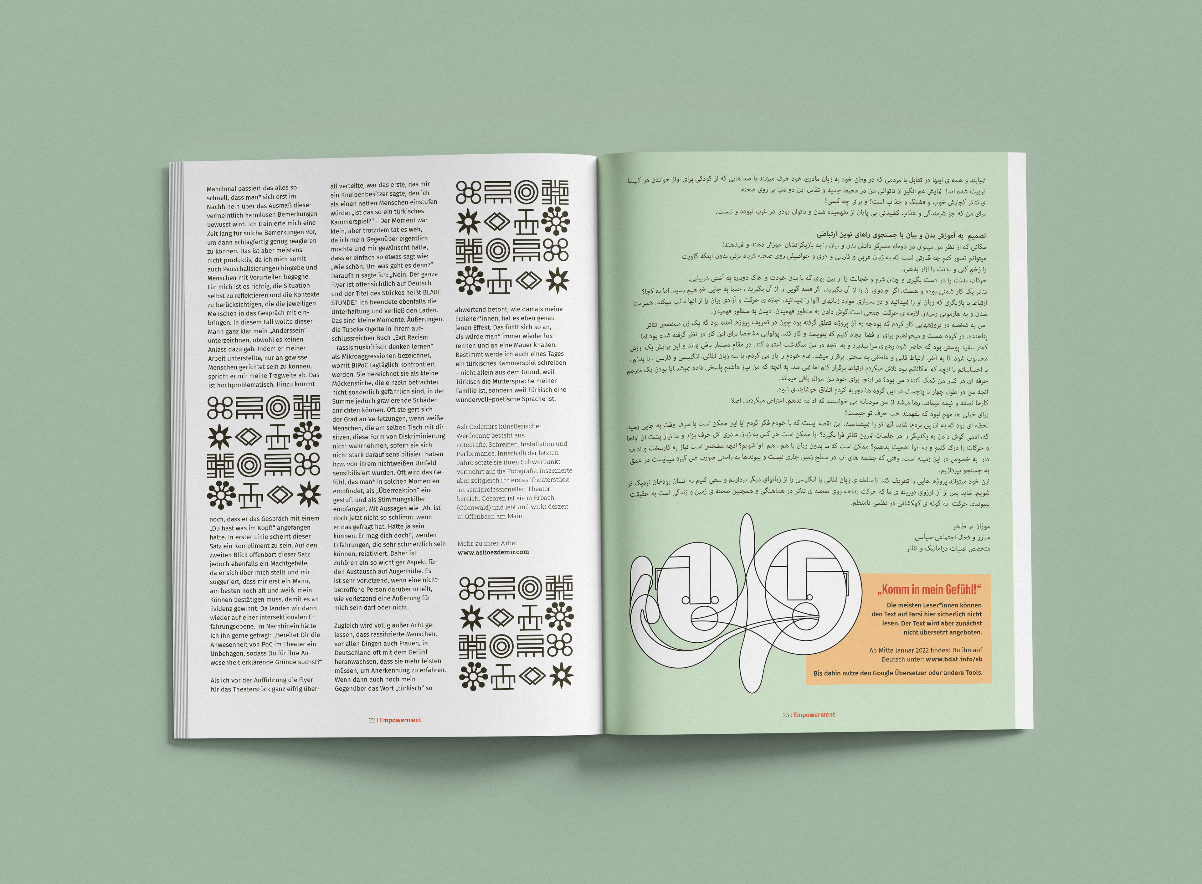 Layout: Benjamin Weisheit, Illustrations: Patricia Vester, Text : Aslı Özdemir (left), Moujan Taher (right)