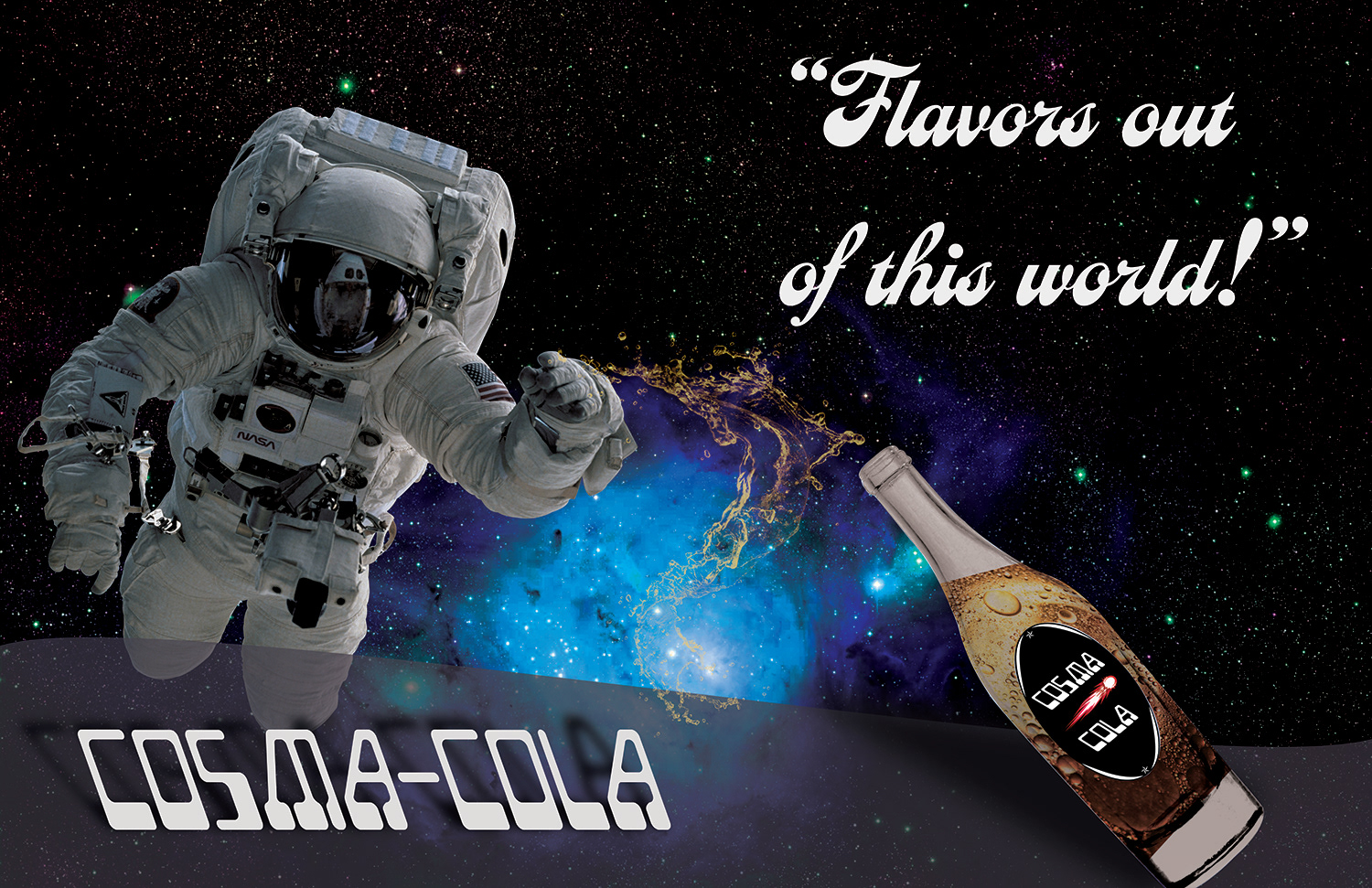 Cola ad of an astronaut in space reaching for cola bottle