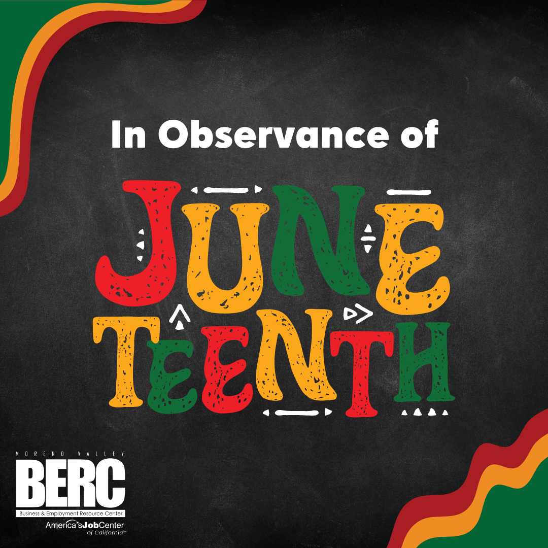 Graphic with colorful font celebrating Junteenth