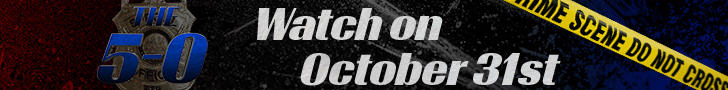Web banner ad for "The 5-0" depicting a crime scene with yellow tape.