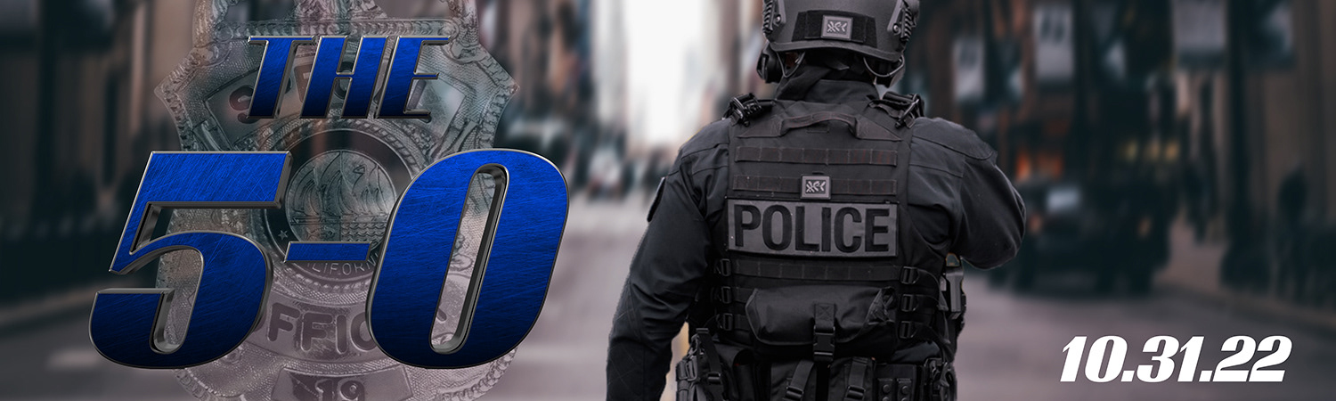 Billboard ad for "The 5-0" of a police man facing away
