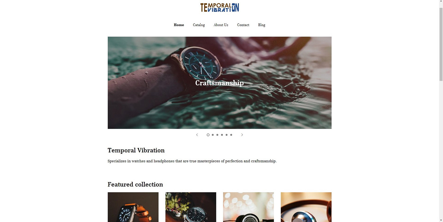 Screenshot of Temporal Vibration showing various watches and products for sale.