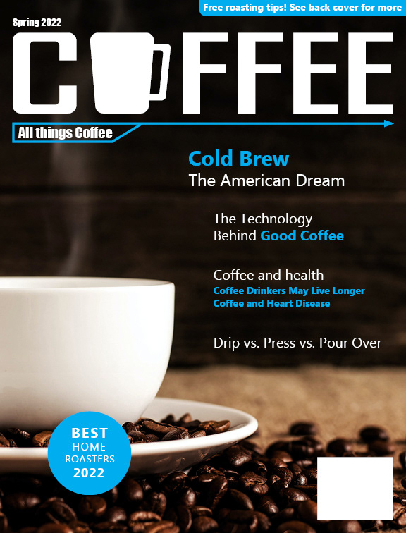 Magazine mockup for "Coffee" magazine showing a mug and coffee beans.