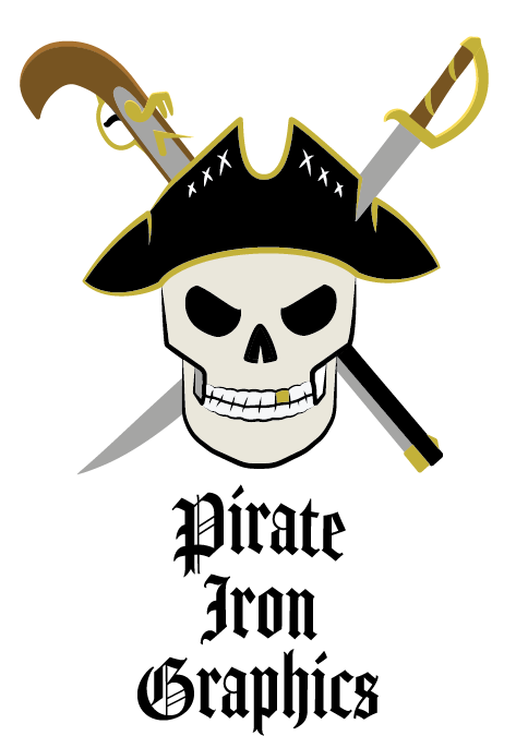 Pirate Iron Graphics color design of a pirate skull and 2 weapons