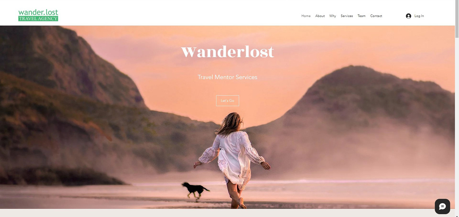 Screenshot of website Wanderlost travel agency with girl and dog running on beach.