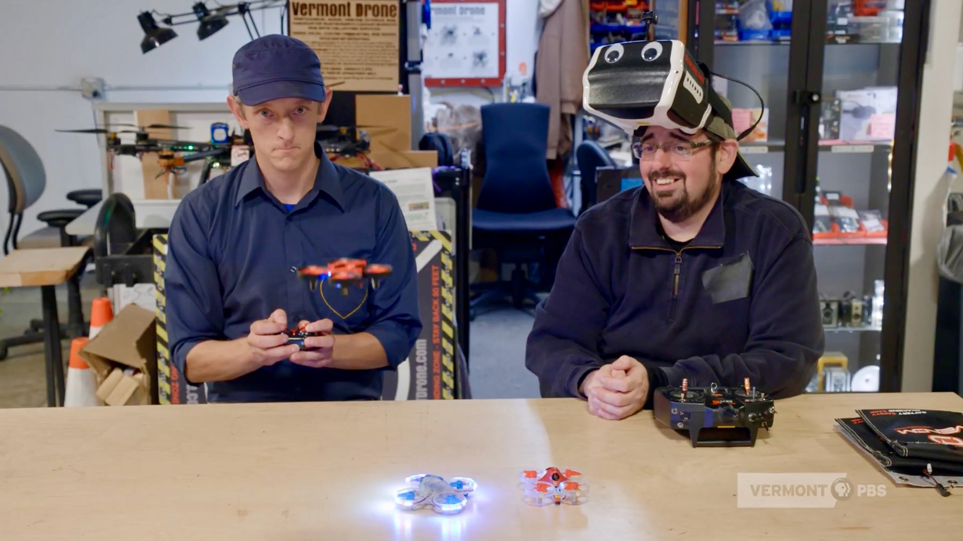 Photograph of Vermont Photographer and Cinematographer Steve Mermelstein teaches Mister Chris how to fly a drone on PBS children’s show, Mister Chris and Friends.