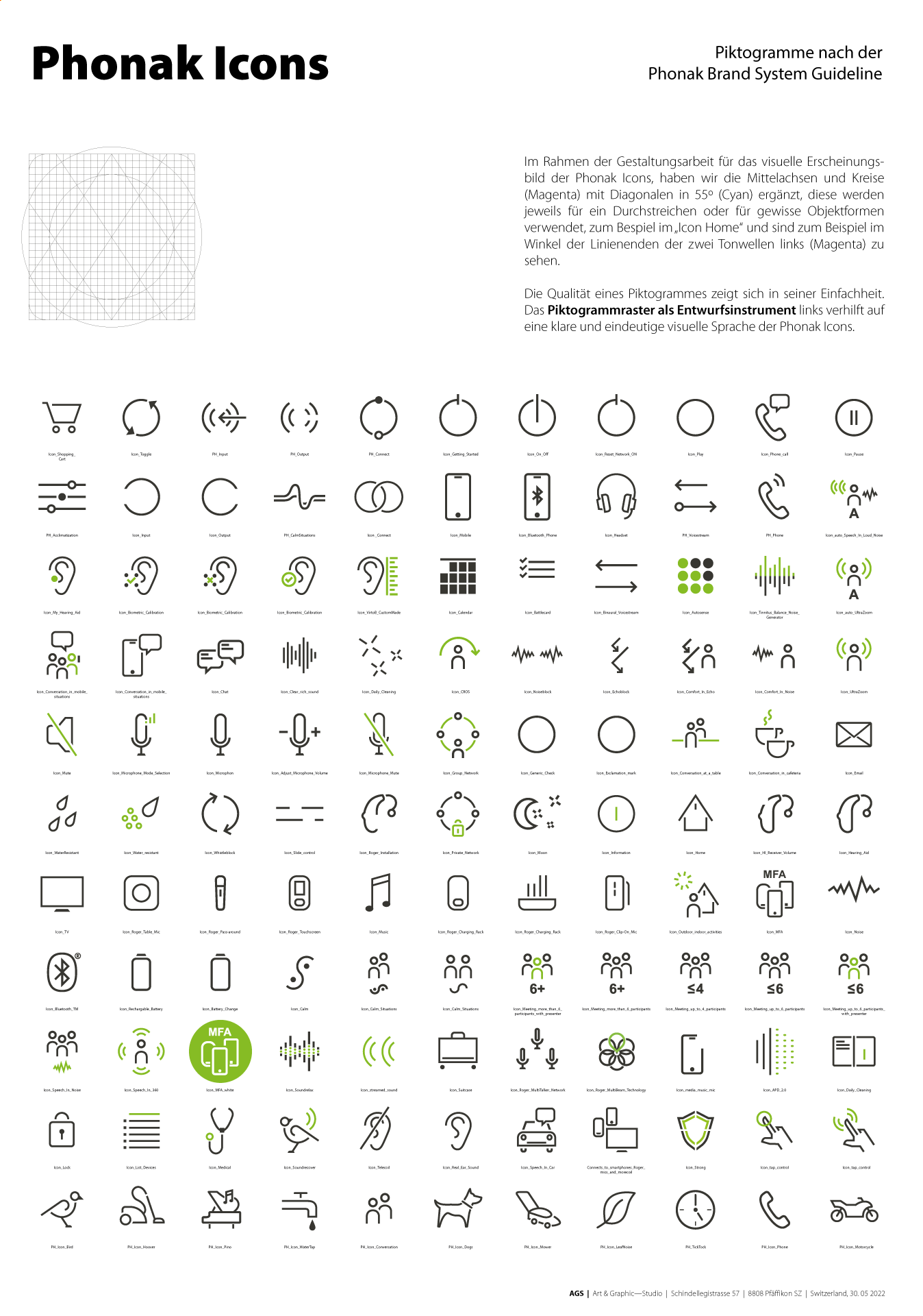 Umfassende Übersicht eines Icon-Sets für die Gesundheitsbranche. Massgeschneidertes Piktogramm-Raster und Corporate Design von AGS | Art Graphic—Studio.