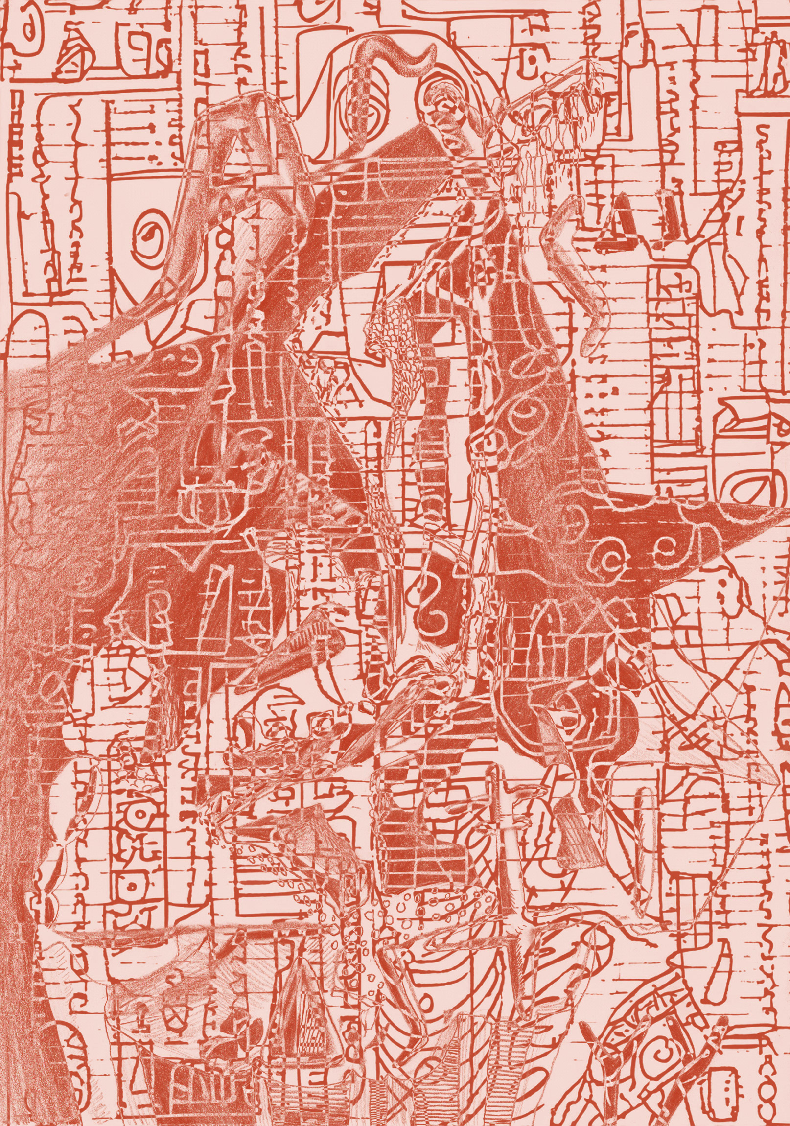 Abstract illustration in red and white featuring complex, intertwined lines and shapes. The image is divided into two levels; the upper level has a sketch-like, chaotic structure, while the lower level contains more detailed, overlapping patterns. Various geometric and organic elements are intertwined, creating a multi-layered, enigmatic artwork.
