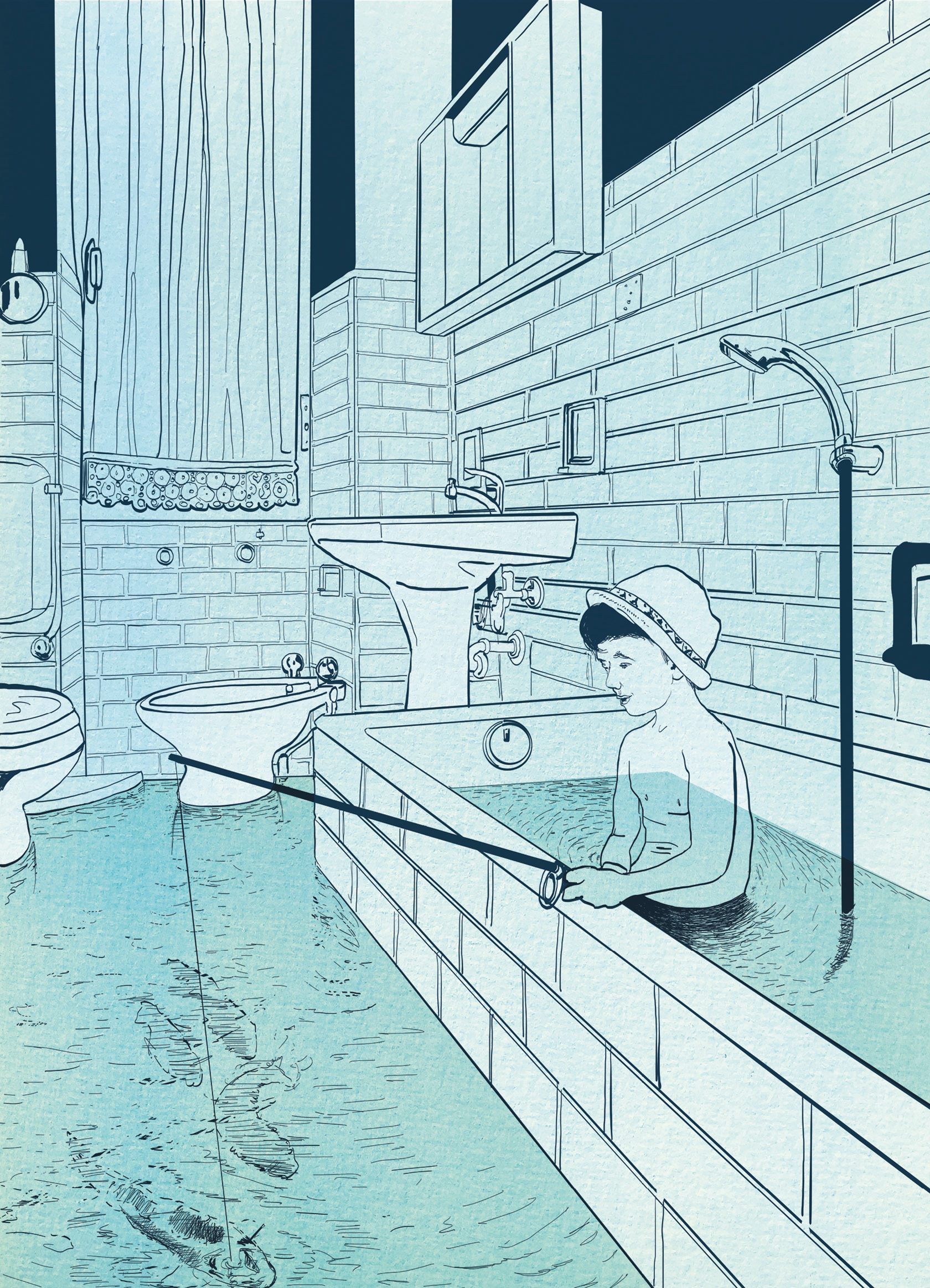 Das Fischen im Badezimmer