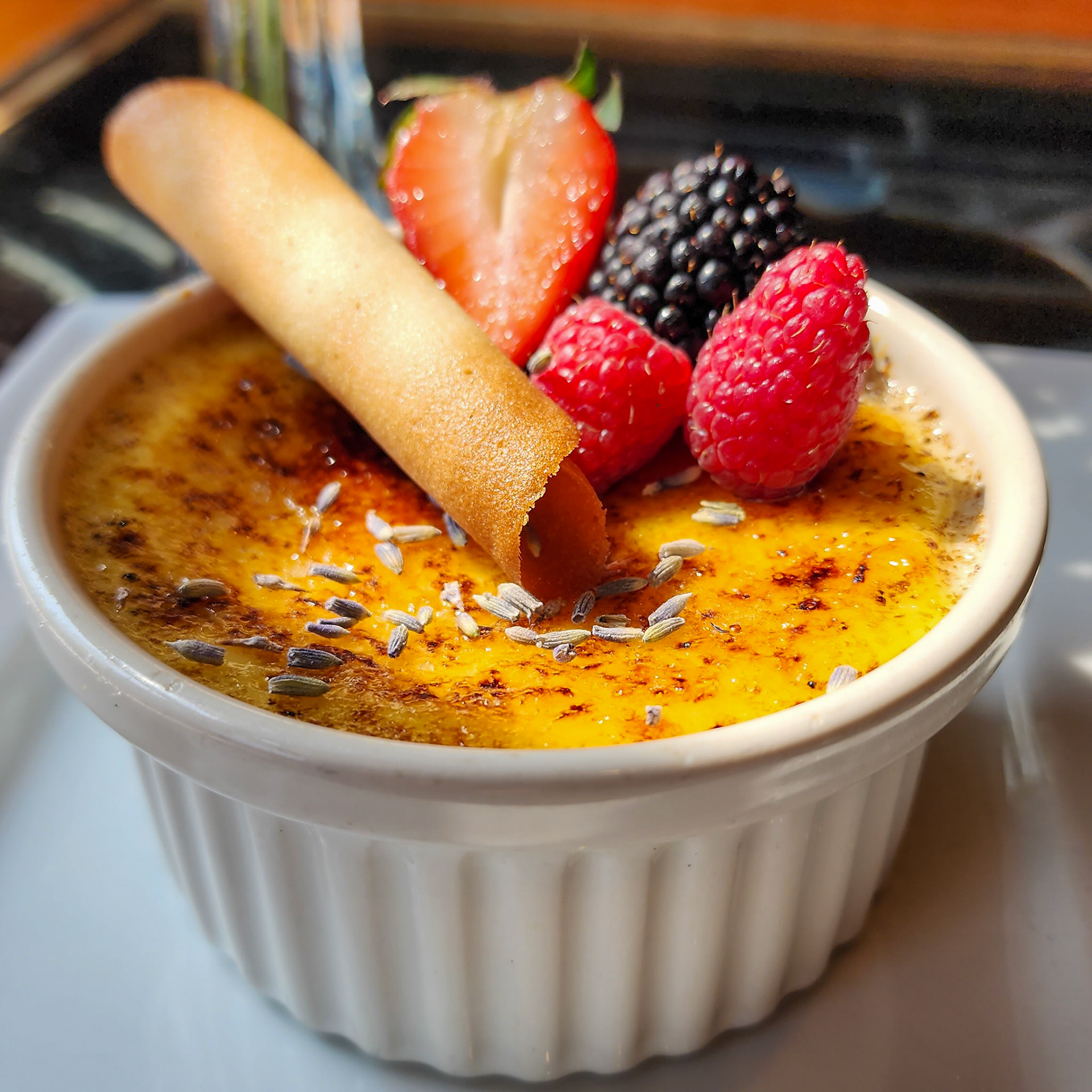 vanilla lavender creme brulee, vanilla tuile