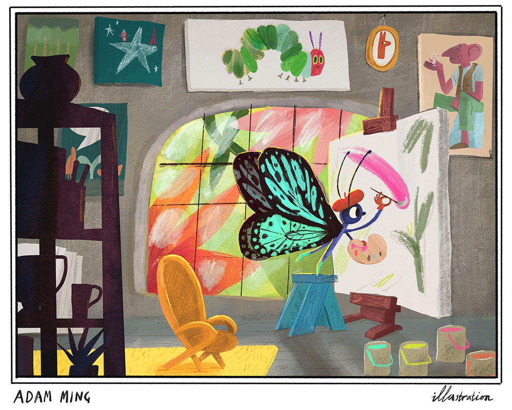 A butterfly painting in a beautiful studio, in the background we see pictures by famous kidlit illustrators, Oliver Jeffers, Carson Ellis, Eric Carle, Quintin Blake