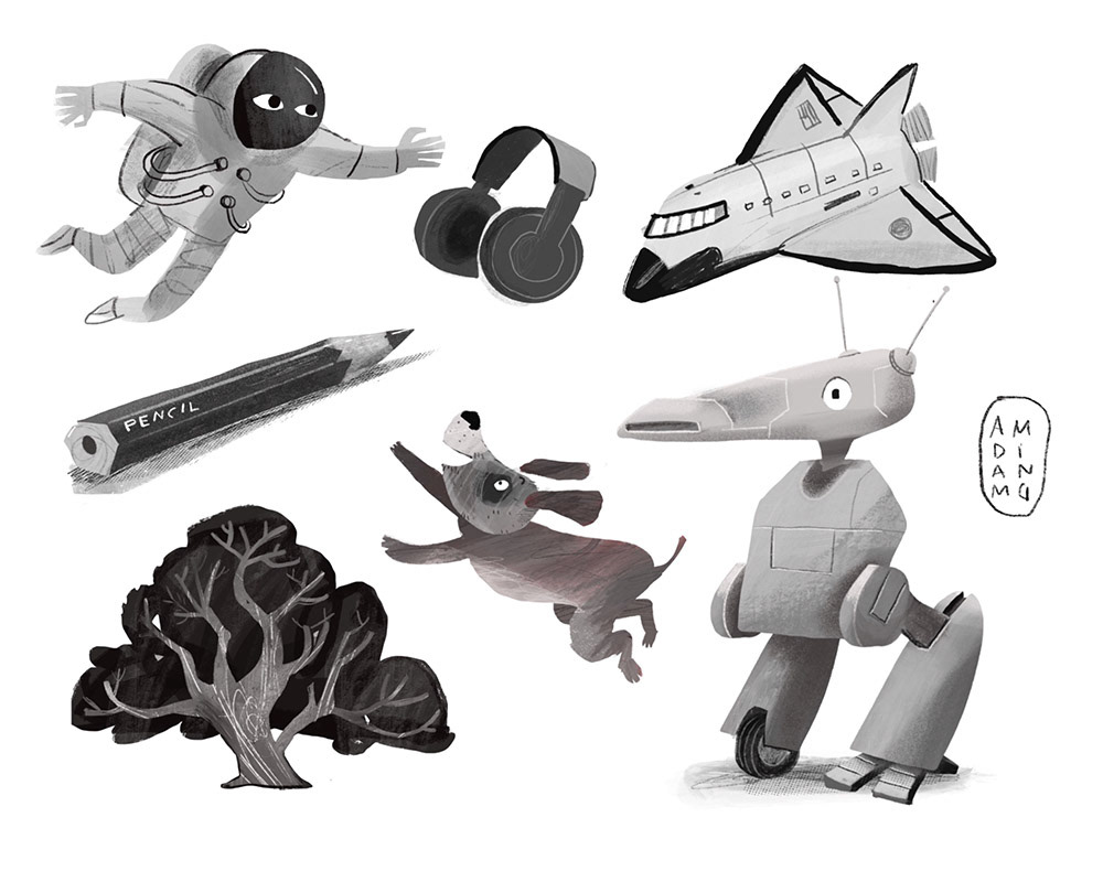A series of black an white vignettes in a middle-grade childrens picturebook style, of a spaceman, headphones, a space shuttle, a pencil, a tree, a dog and a robot.