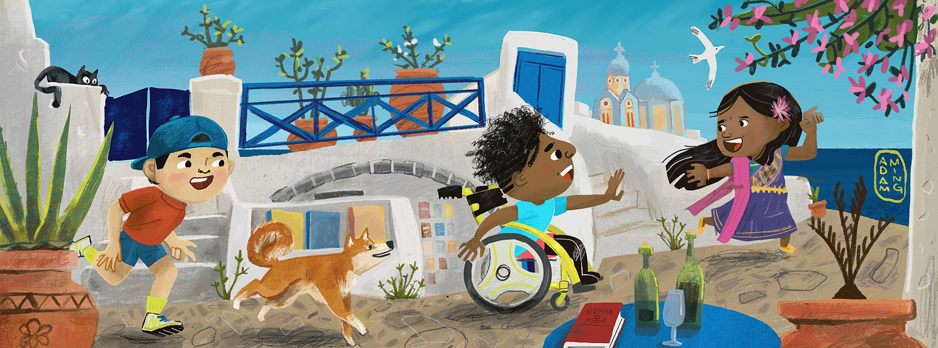 Joyful Illustration of diverse Kids and a dog running through the streets of Santorini, Greece. This illustration was create for They Draw in an assignment called “it’s Greek to me!”, by Adam Ming. It features an Asian and Black boys with different abilities running after a girl in a Sari. This energetic illustration is drawn in the style of a Children’s Picturebook. Also includes a black cat.