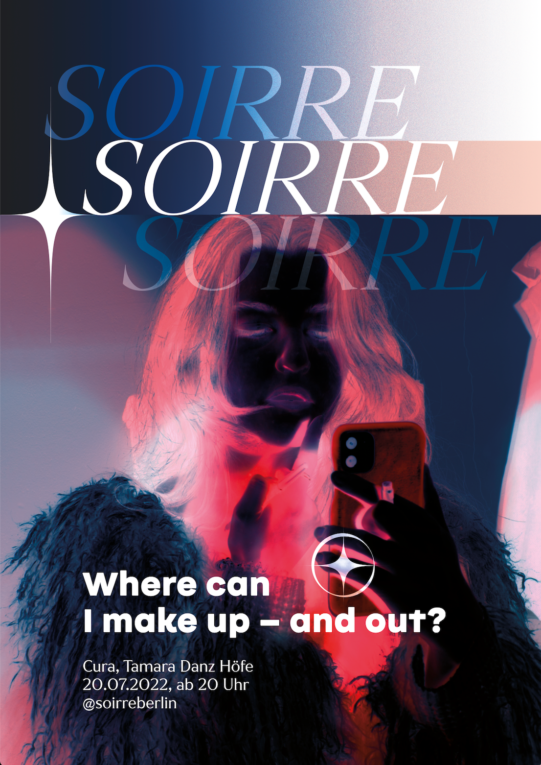 Fiktives Plakat für meine Abschlussarbeit "SOIRRE", Photoshop-Collage, 2021