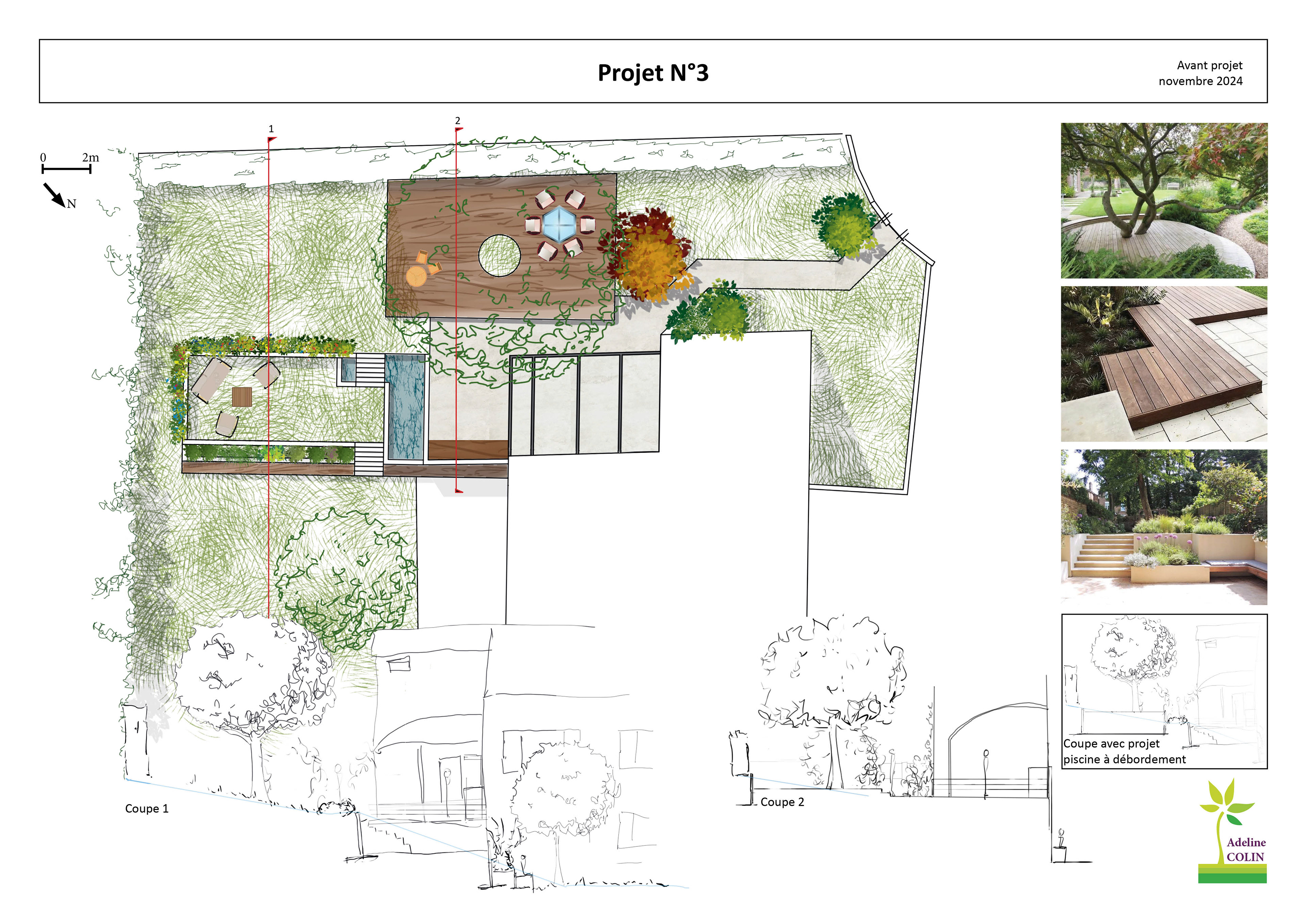 Proposition n°3, création d'une terrasse bois autour de l'arbre existant, 2e terrasse en contrebas former par les murs de soutènements, création d'un bassin, , adeline colin paysage, la cotière, région lyonnaise