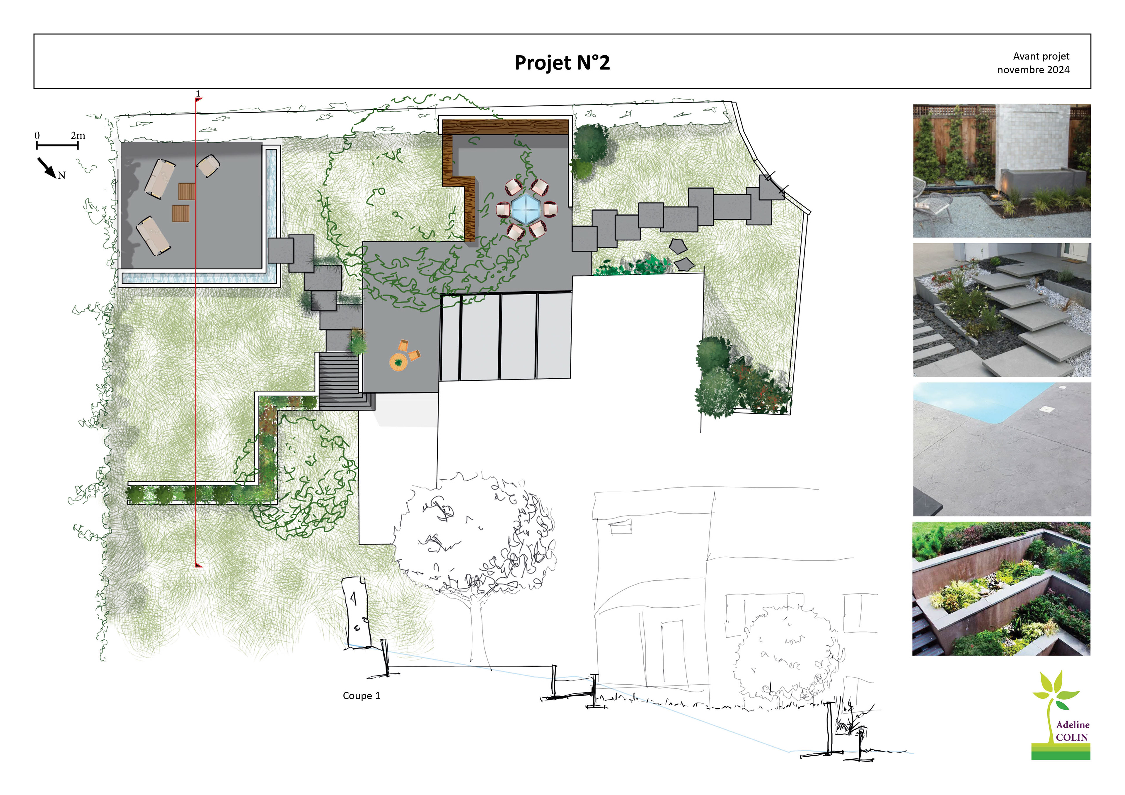 Proposition 2, création d'une 2e terrasse avec des jeux d'eau, mur de soutènement en L, continuité des sols, , adeline colin paysage, la cotière, région lyonnaise