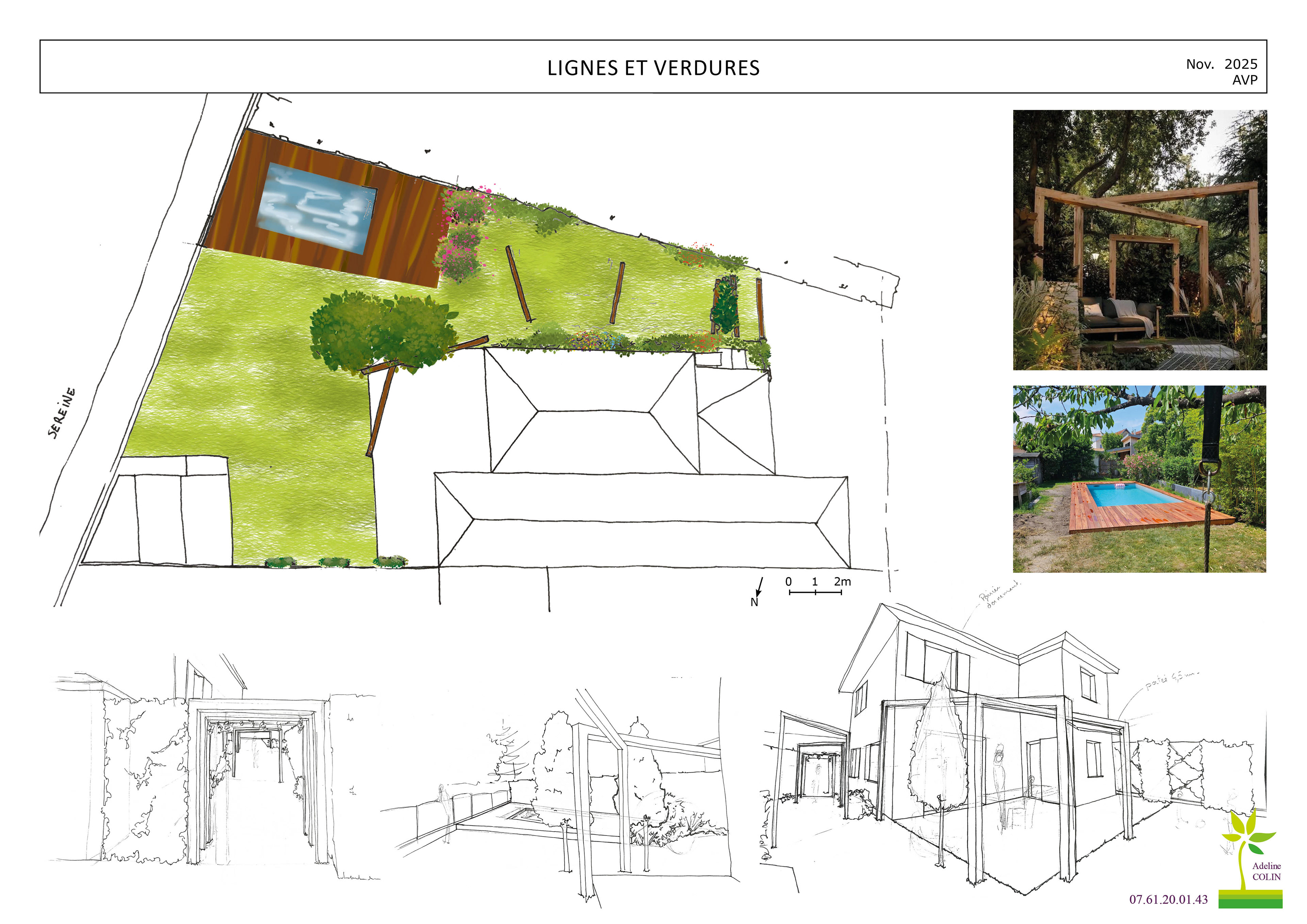 Plan avec croquis d'ambiance, Jardin en ambiance bois, terrasse et arches qui viennent structurer le jardin. deux arbres de forme fastigiées viennent apporter de l'ombre dur la terrasse