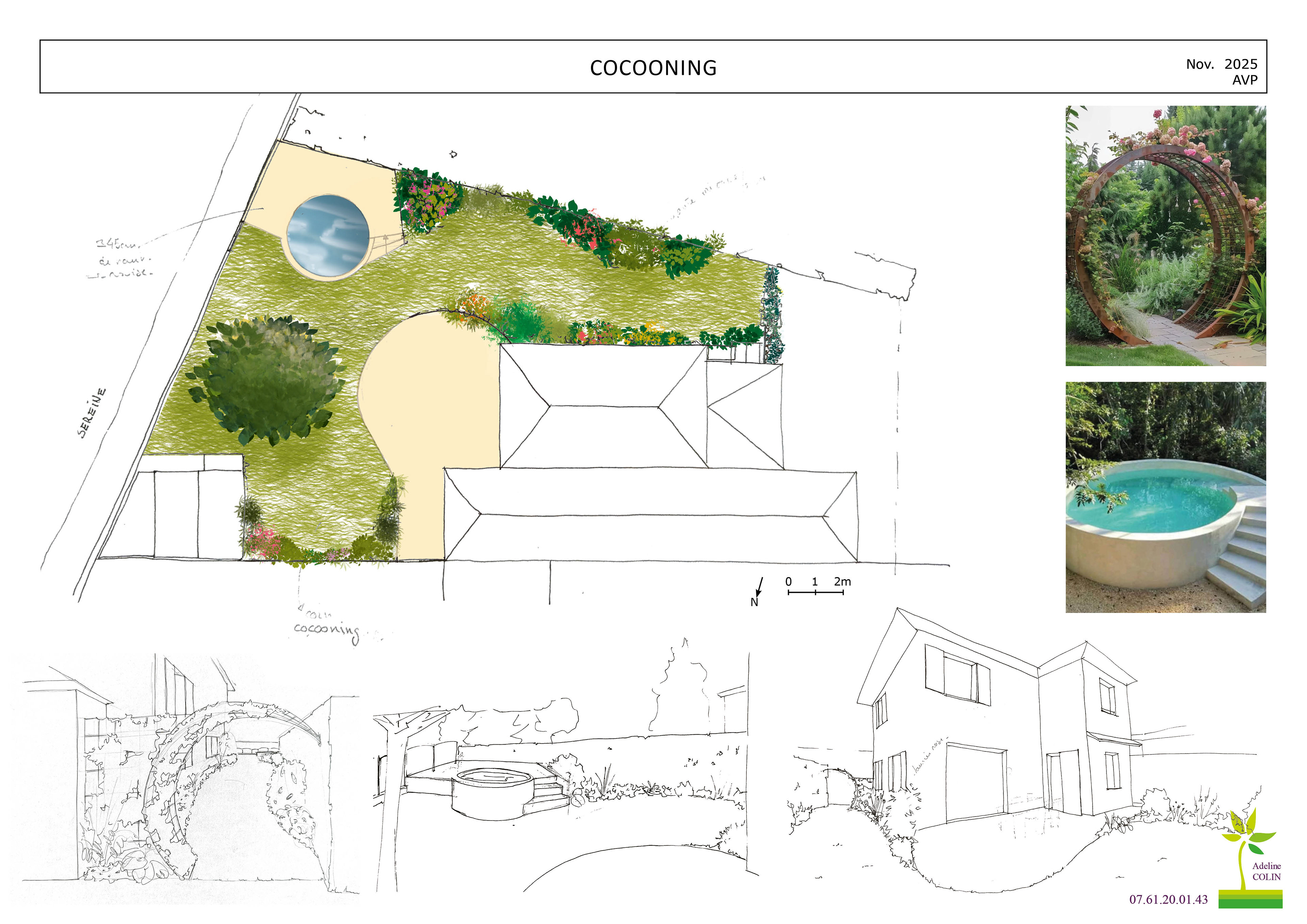 Plan avec croquis d'ambiance, Jardin aux formes arrondis qui créent des espaces plus intimistes.